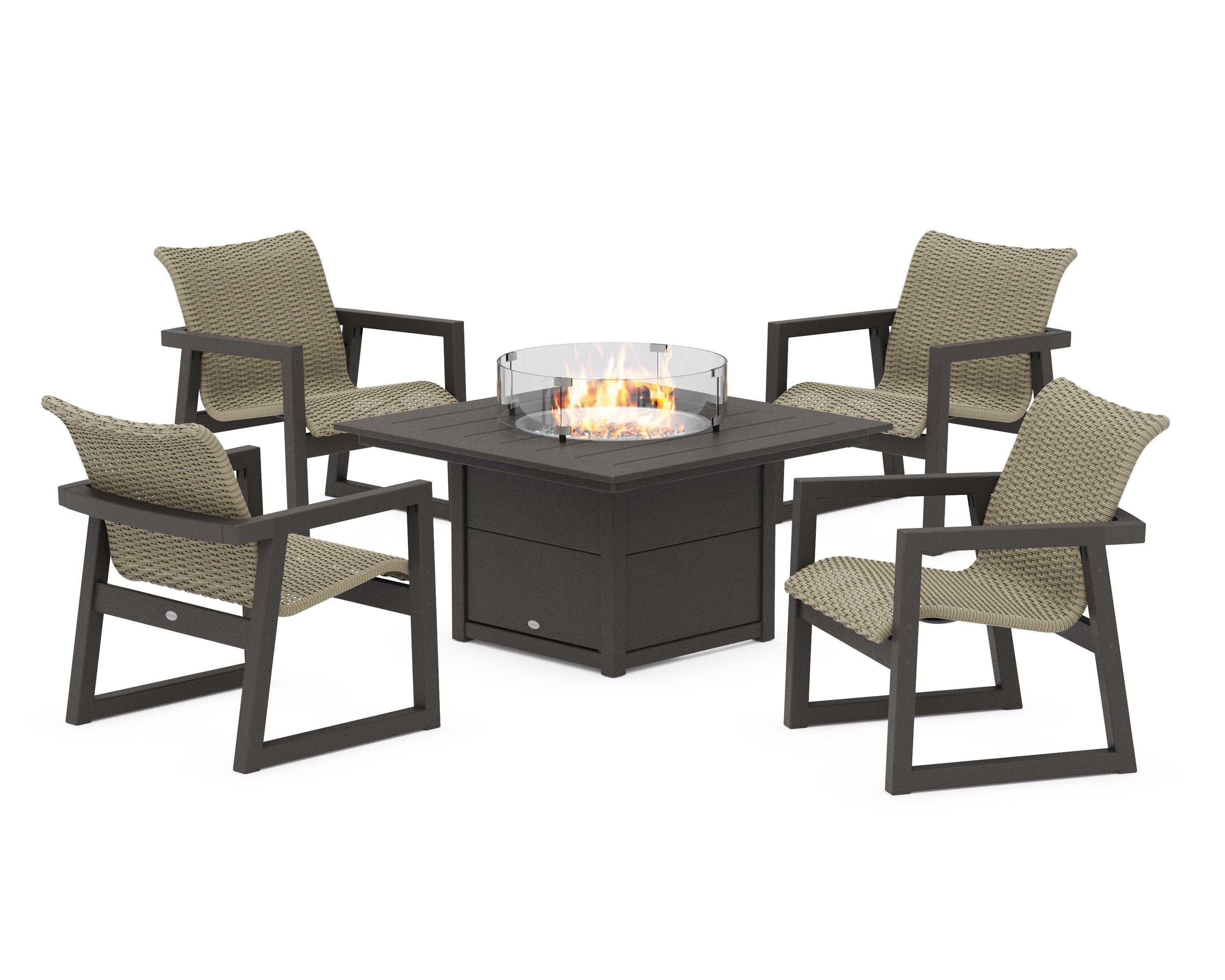 EDGE Woven 5-Piece Lounge Chair Seating Set with Fire Pit Table in Vintage Coffee / Dune Grass