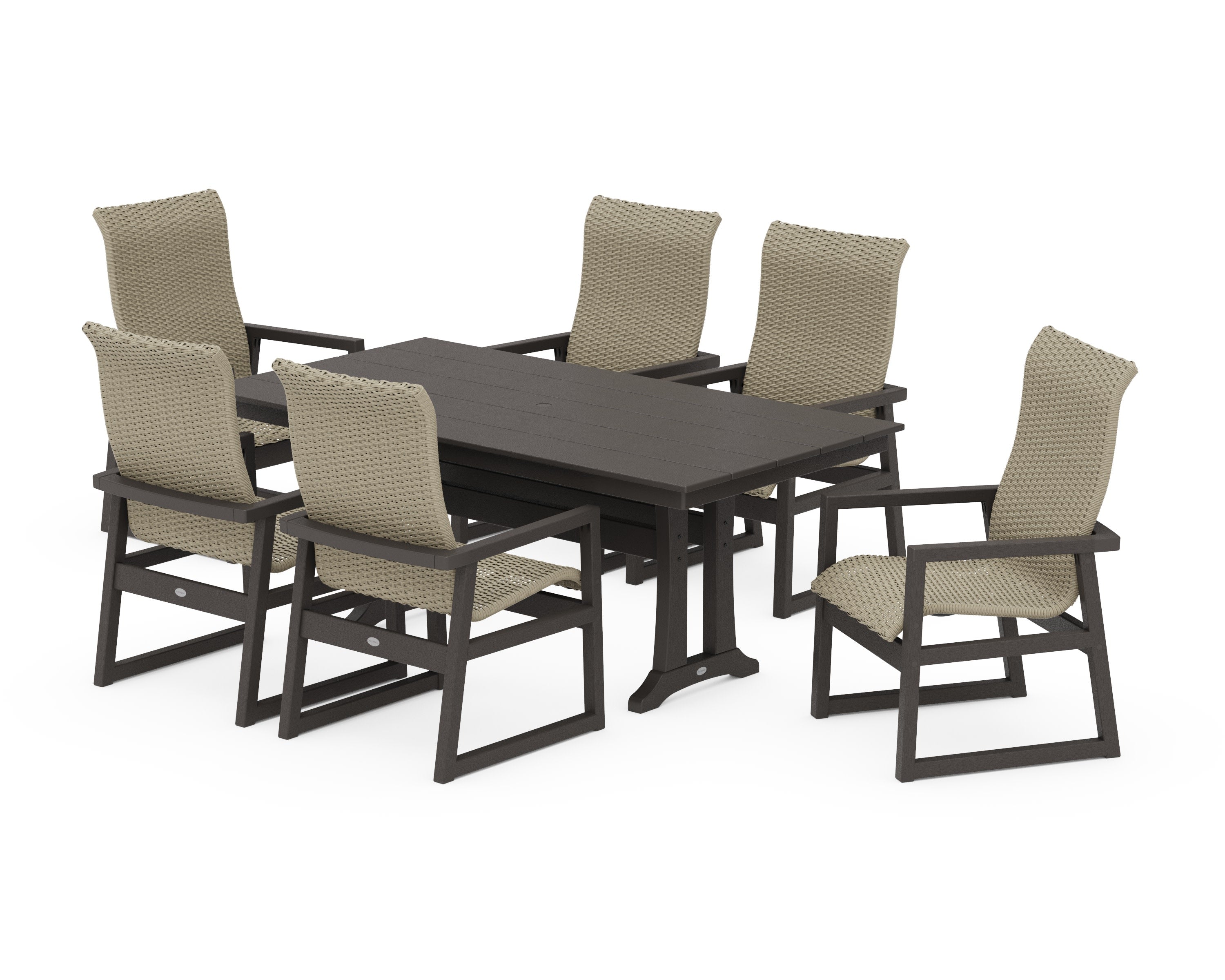EDGE Woven Highback Arm Chair 7-Piece Farmhouse Dining Set with Trestle Legs in Vintage Coffee / Dune Grass