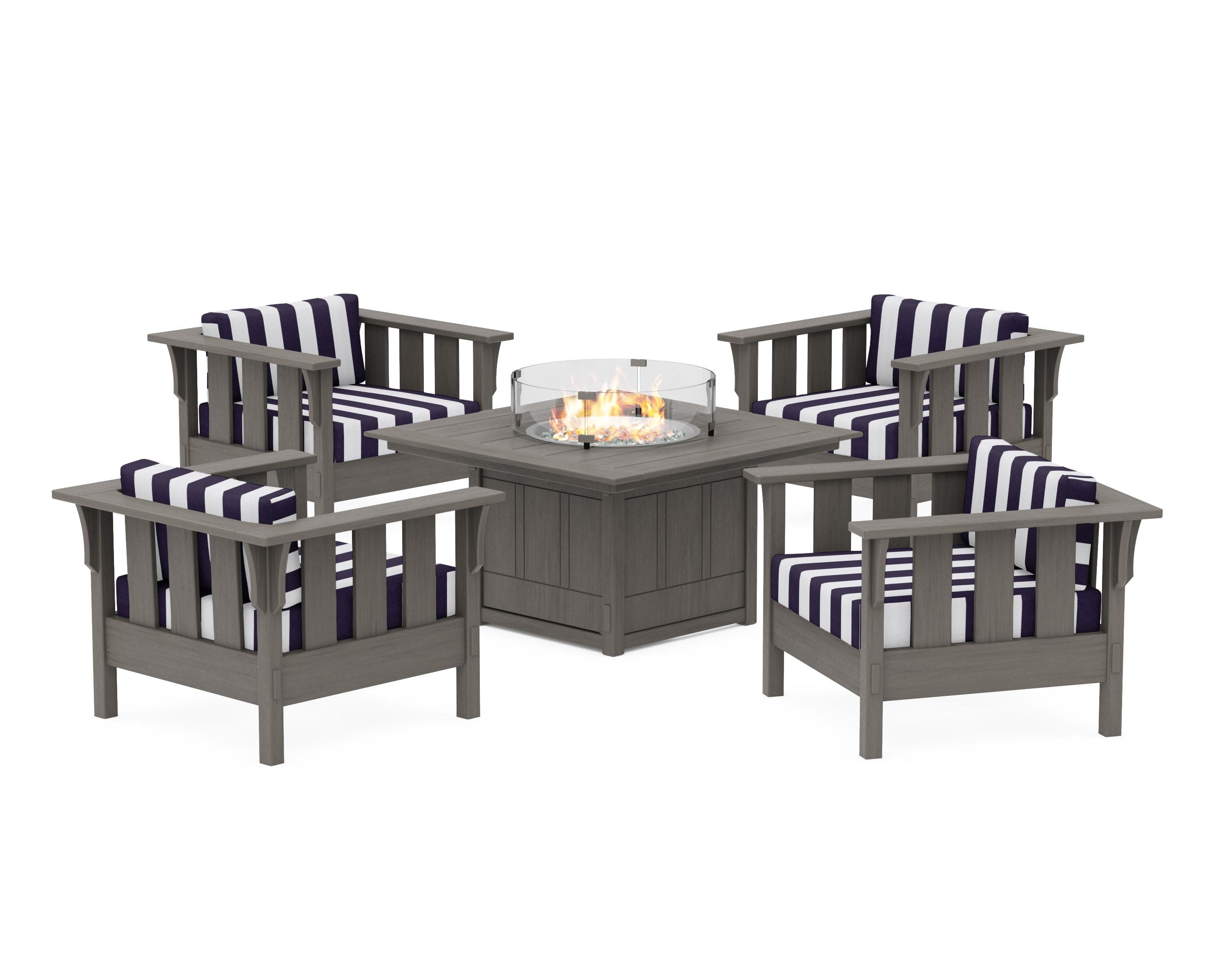 Acadia 5-Piece Deep Seating Set with Fire Pit Table in Driftwood / Cabana Stripe Navy