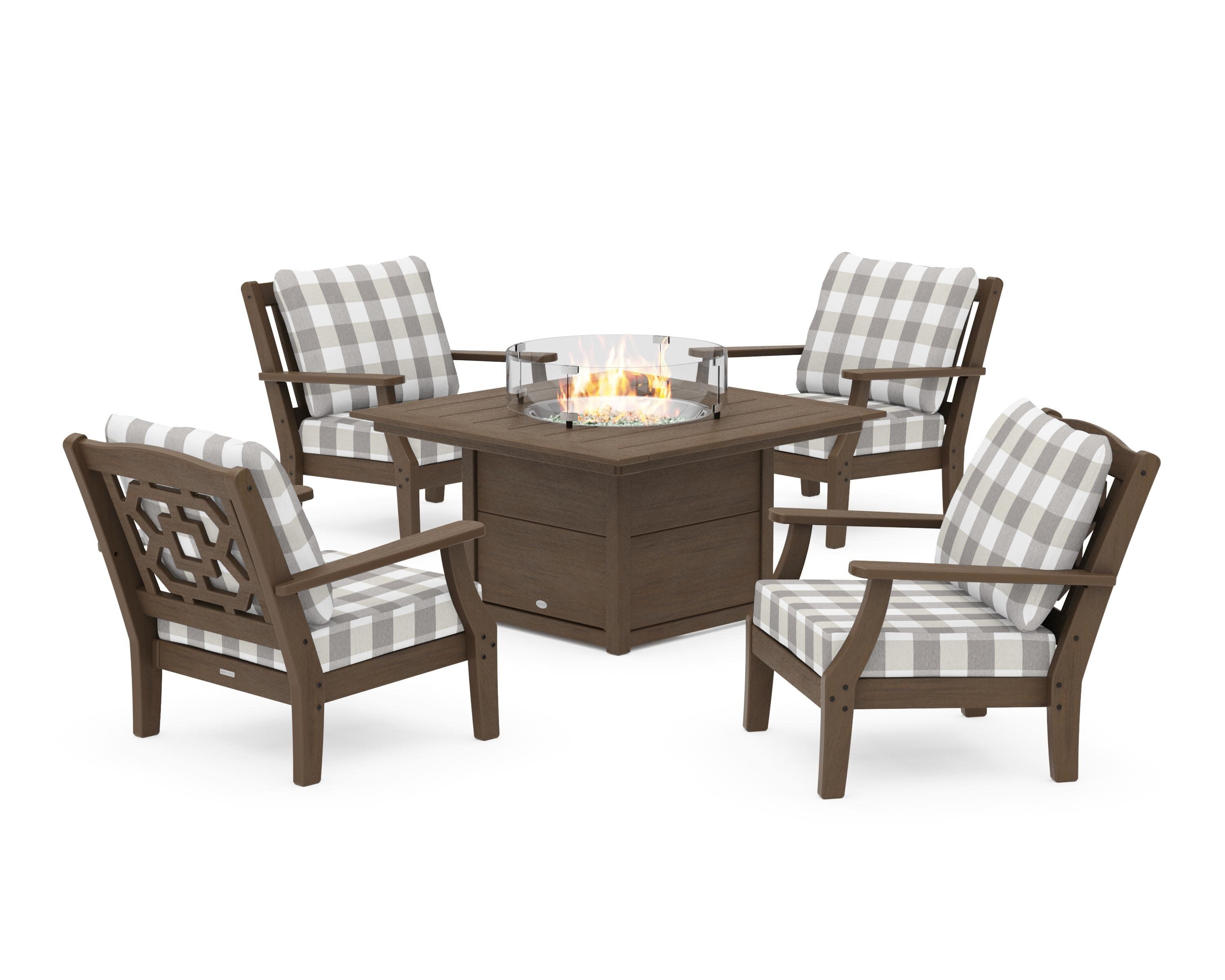 Chinoiserie 5-Piece Deep Seating Set with Fire Pit Table in Kona / Buffalo Plaid Grey Mist