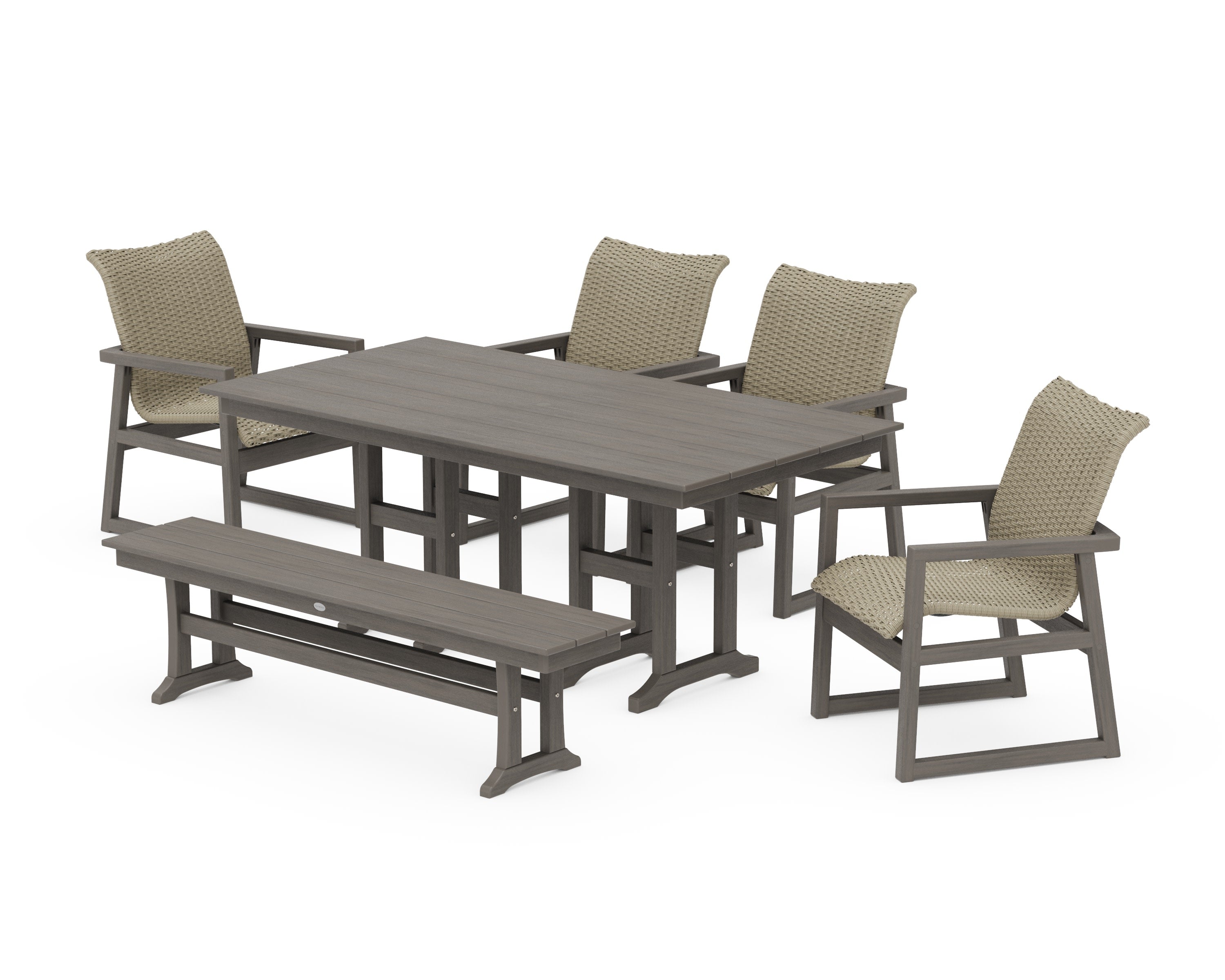 EDGE Woven 6-Piece Farmhouse Dining Set with Bench in Driftwood / Dune Grass