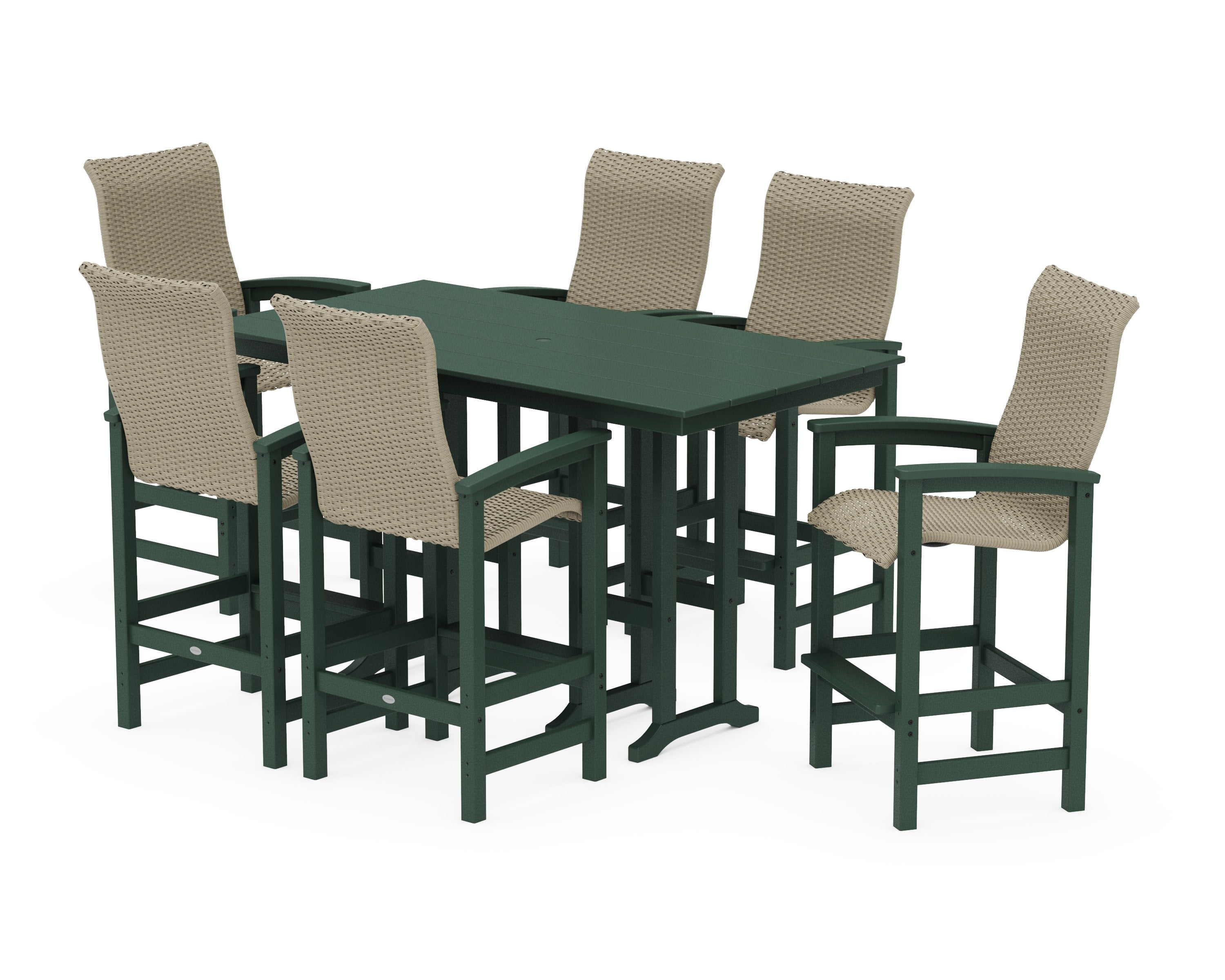 Coastal Woven High-Back Arm Chair 7-Piece Farmhouse Bar Set in Green / Dune Grass
