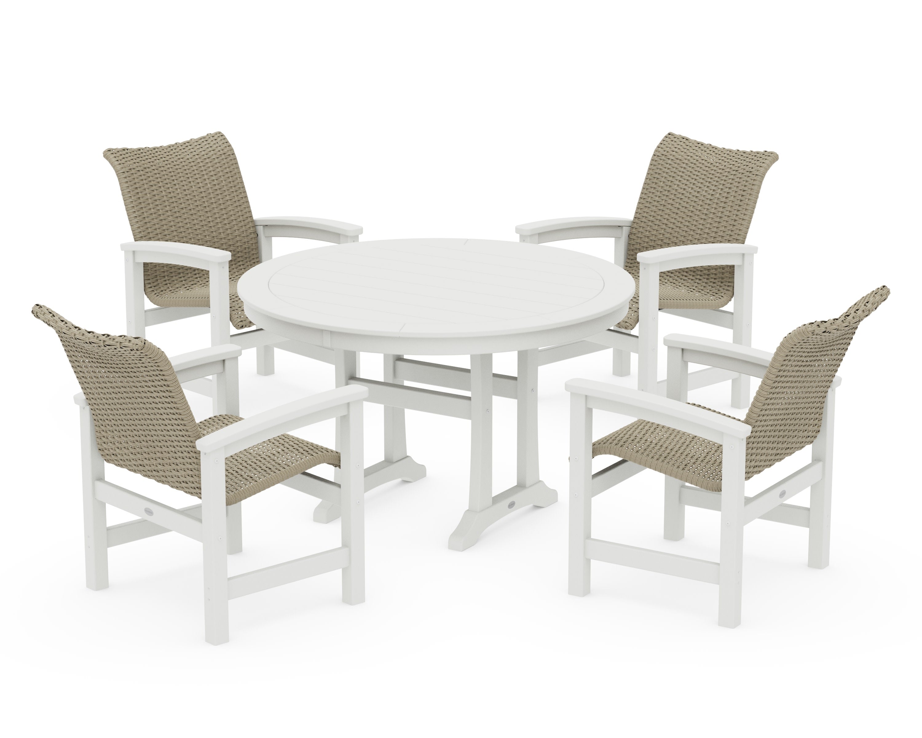 Coastal Woven 5-Piece Round Dining Set with Trestle Legs in Vintage White / Dune Grass