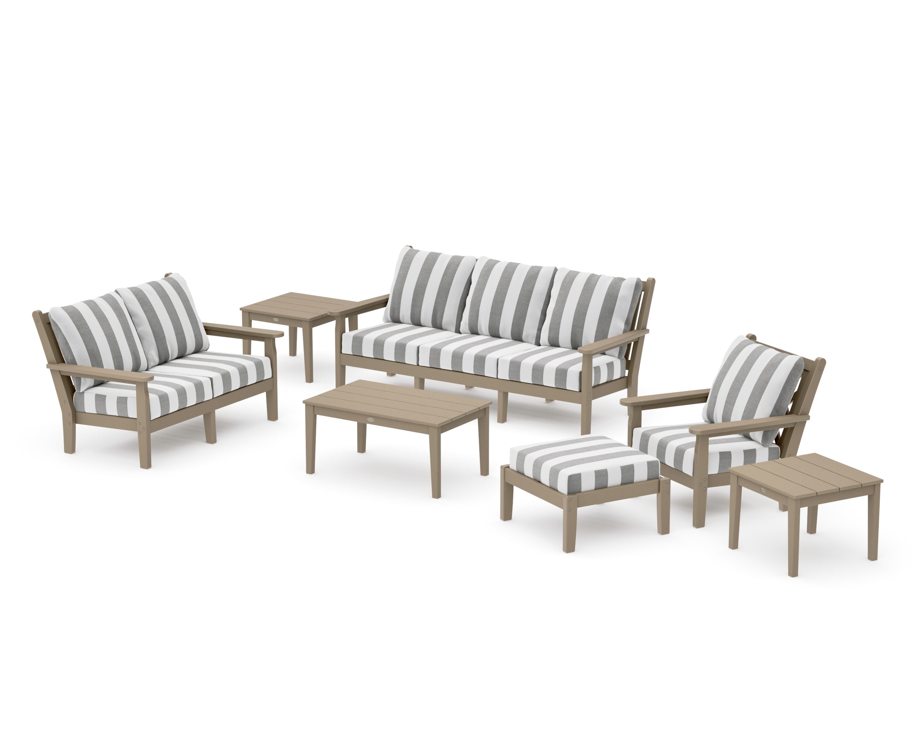 Chippendale 7-Piece Deep Seating Set in Vintage Sahara / Cabana Stripe Grey Mist