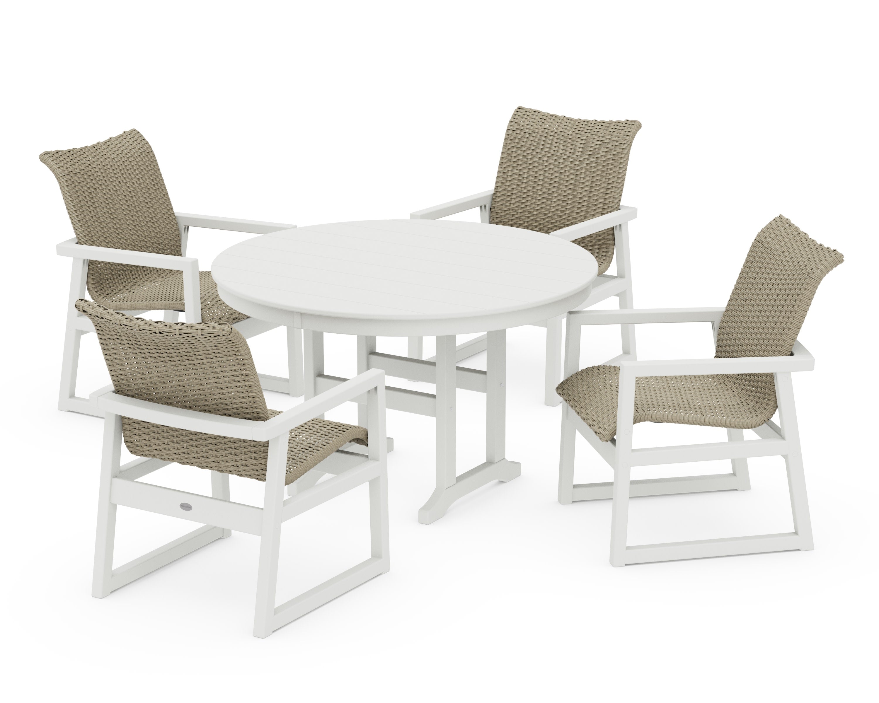 EDGE Woven 5-Piece Round Farmhouse Dining Set in White / Dune Grass