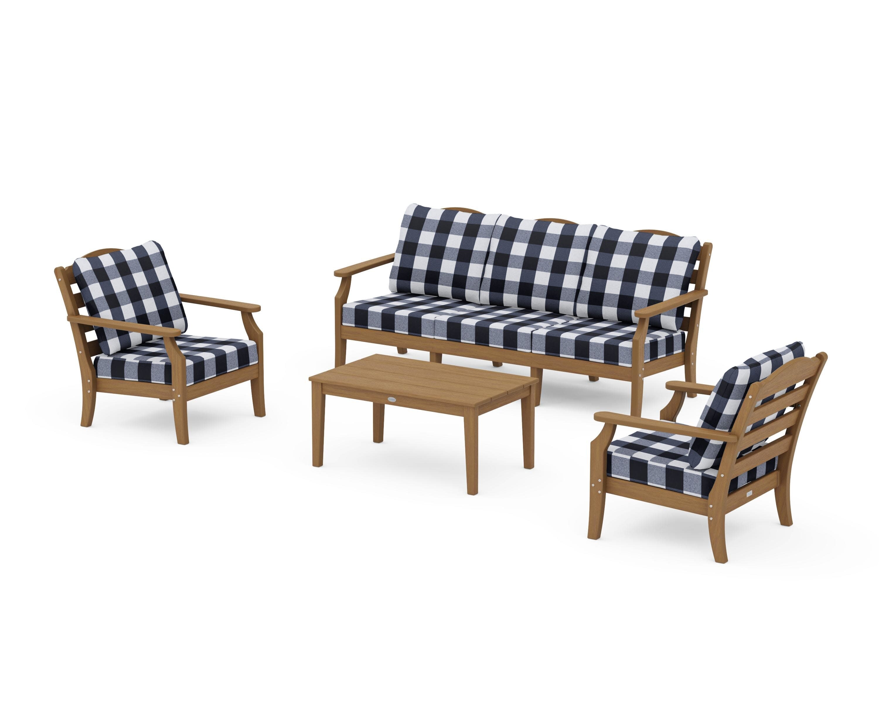 Savannah 4-Piece Deep Seating Set with Sofa in Natural / Buffalo Plaid Marine Indigo