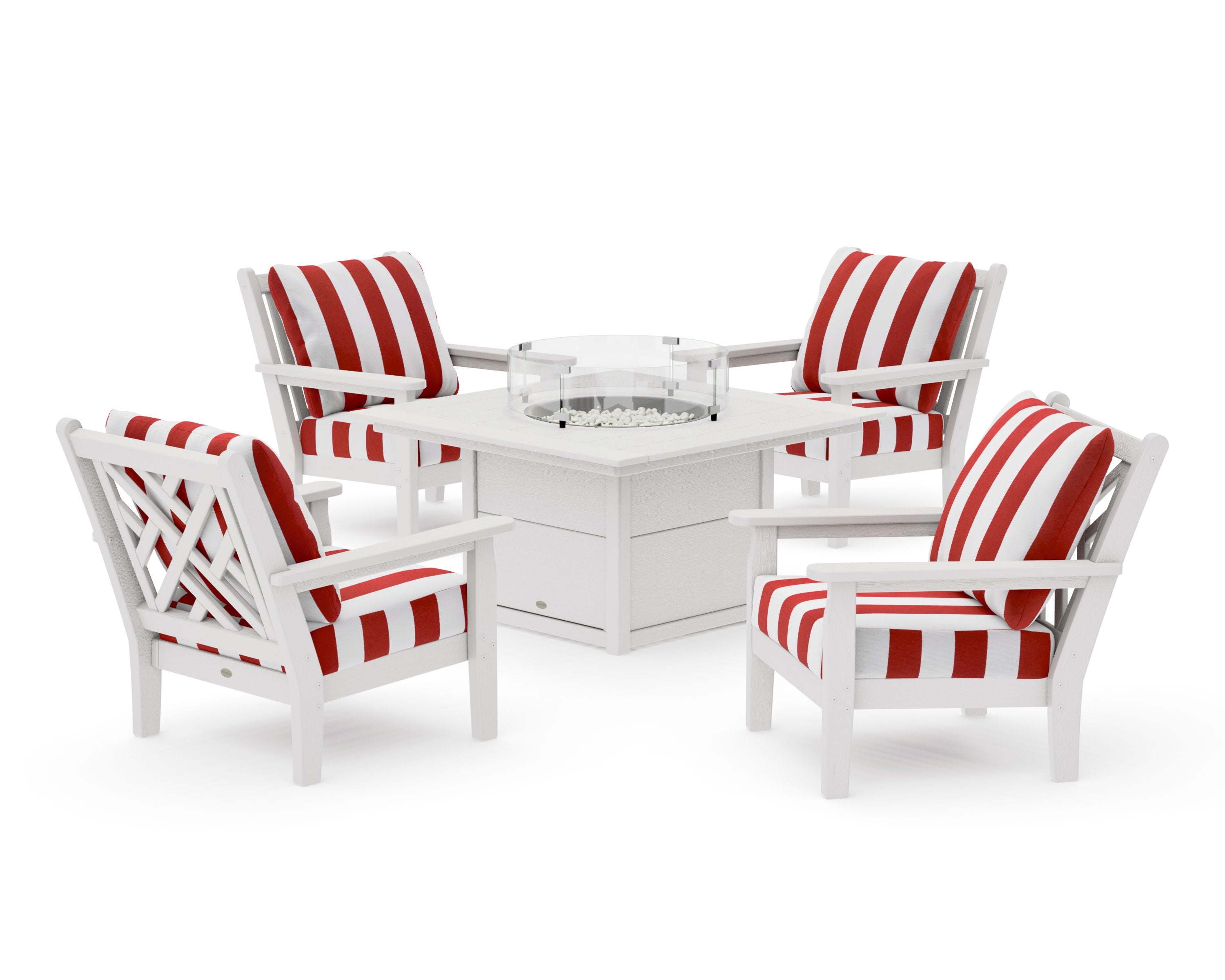 Chippendale 5-Piece Deep Seating Set with Fire Pit Table in Vintage White / Cabana Stripe Crimson