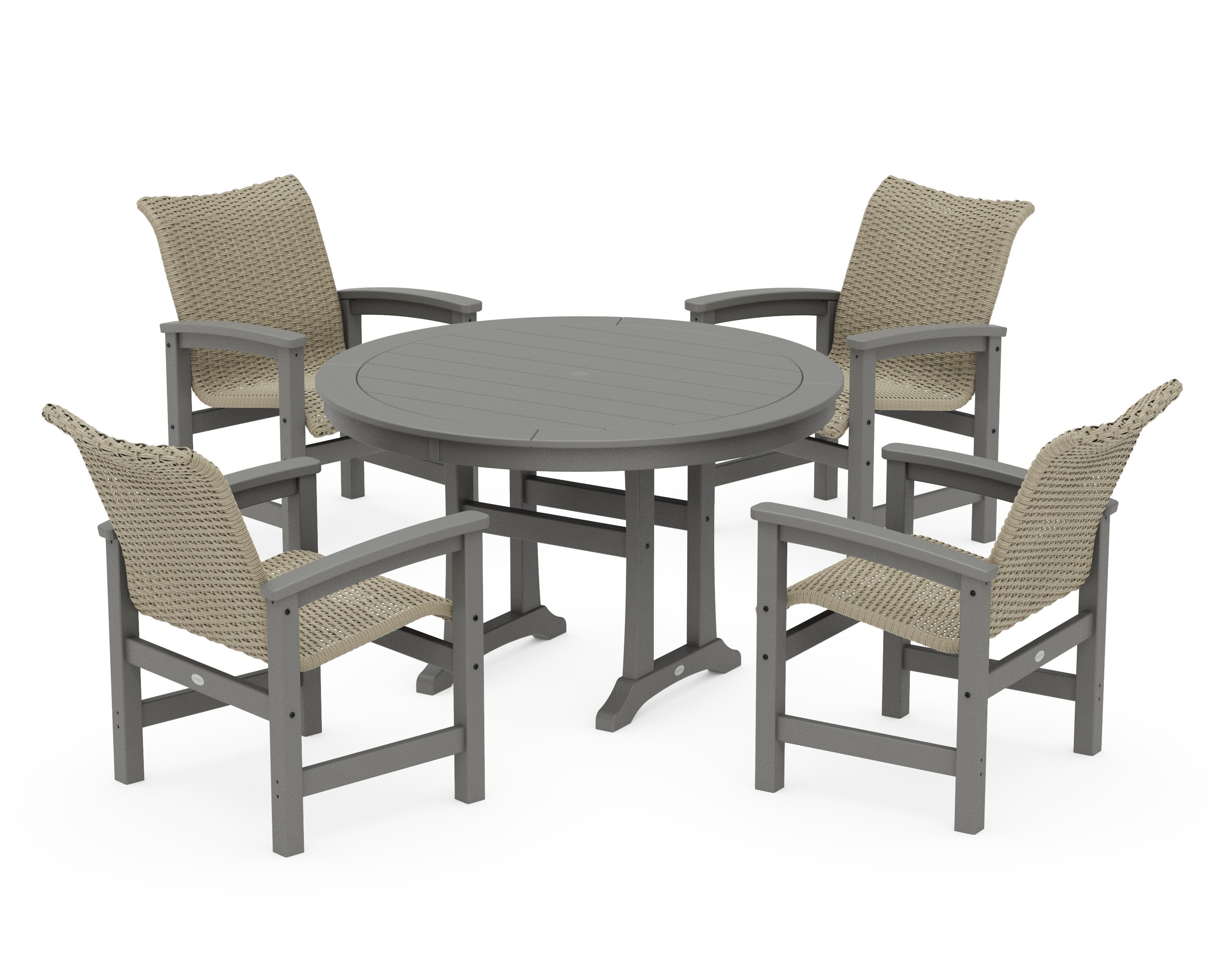 Coastal Woven 5-Piece Round Dining Set with Trestle Legs in Slate Grey / Dune Grass