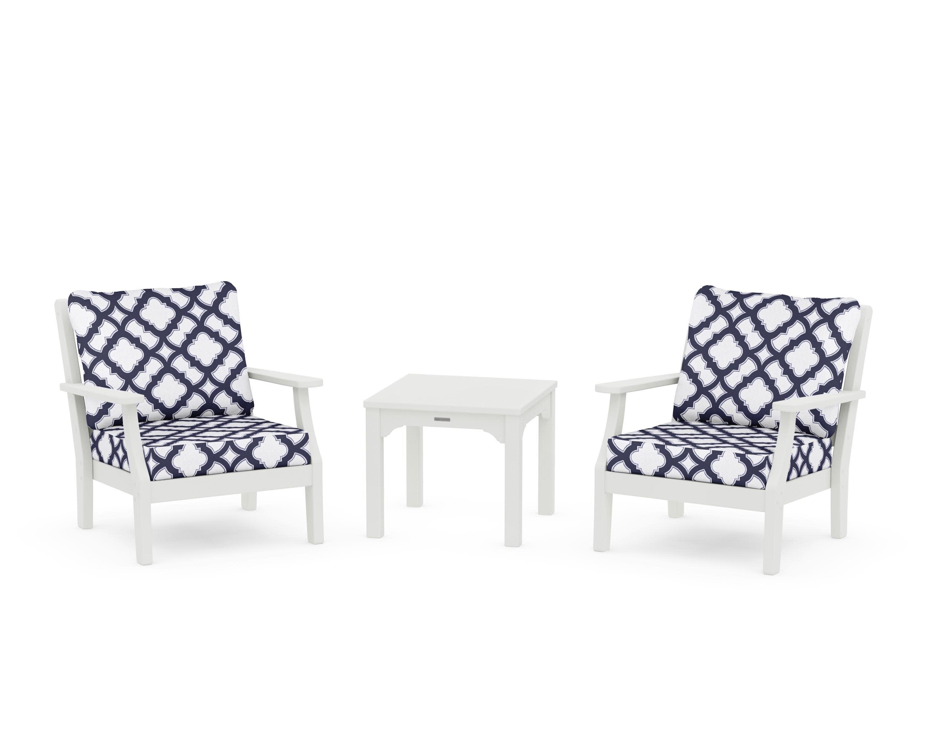 Chinoiserie 3-Piece Deep Seating Set in Vintage White / Trellis Navy