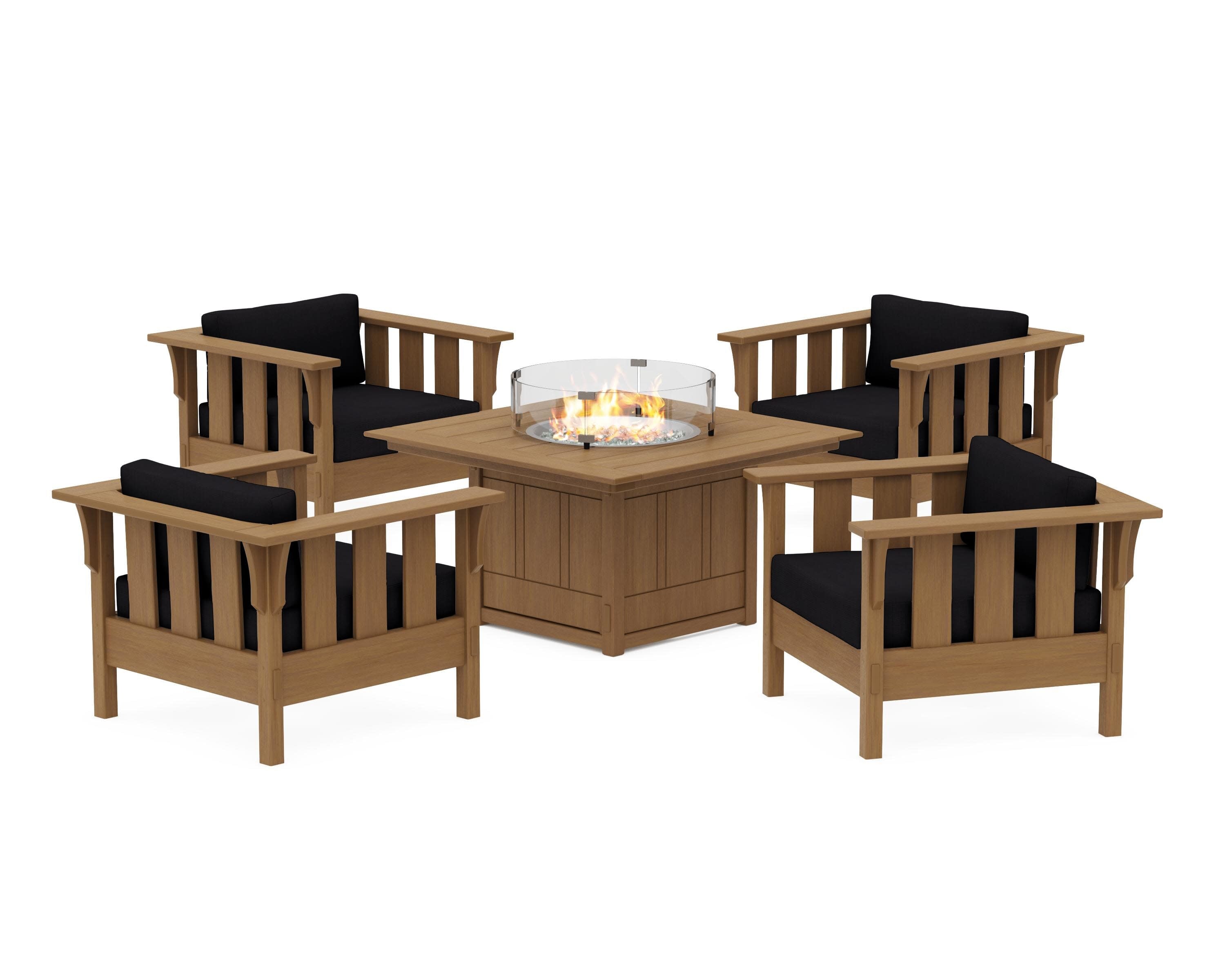 Acadia 5-Piece Deep Seating Set with Fire Pit Table in Natural / Midnight Linen