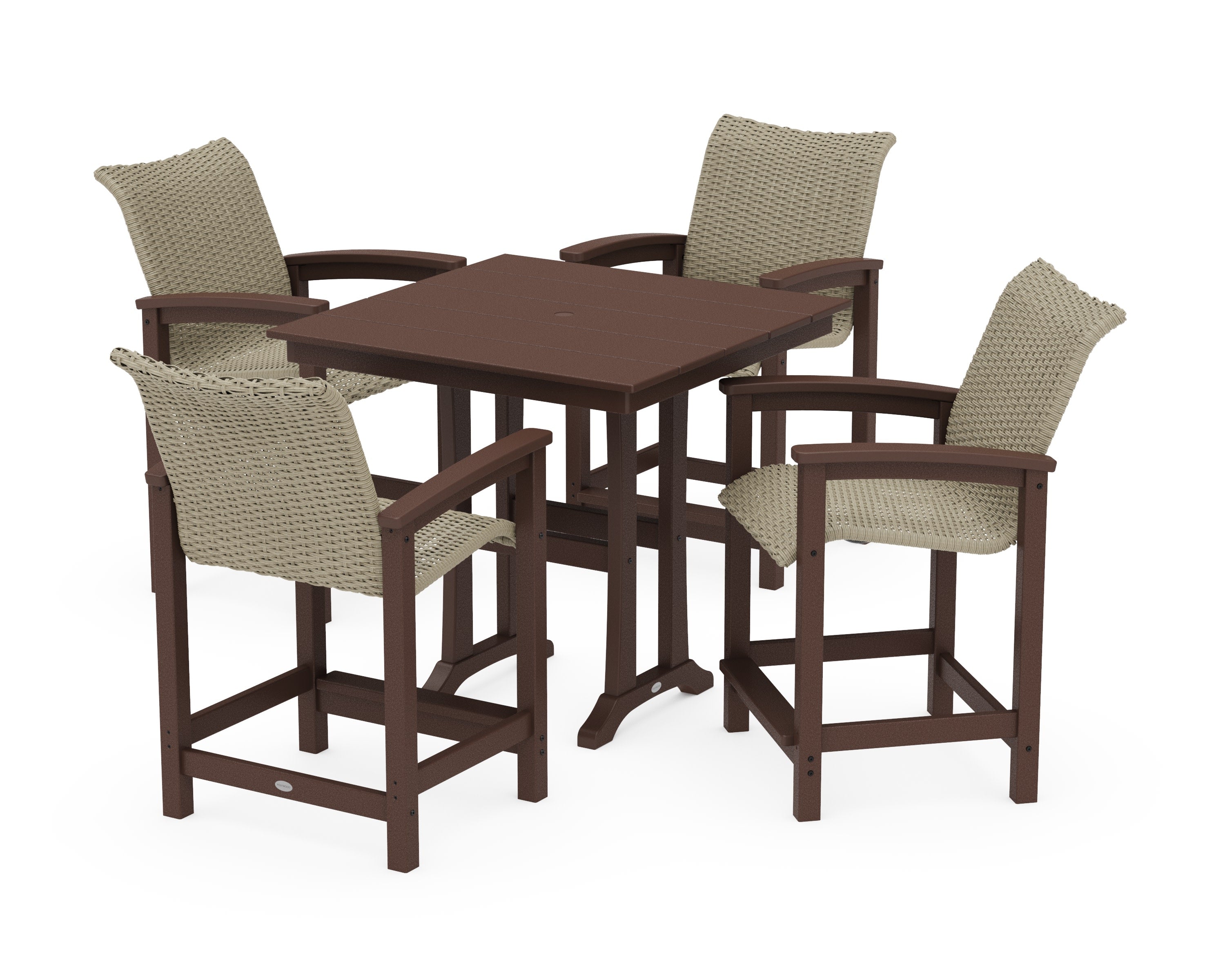 Coastal Woven 5-Piece Farmhouse Counter Set with Trestle Legs in Mahogany / Dune Grass