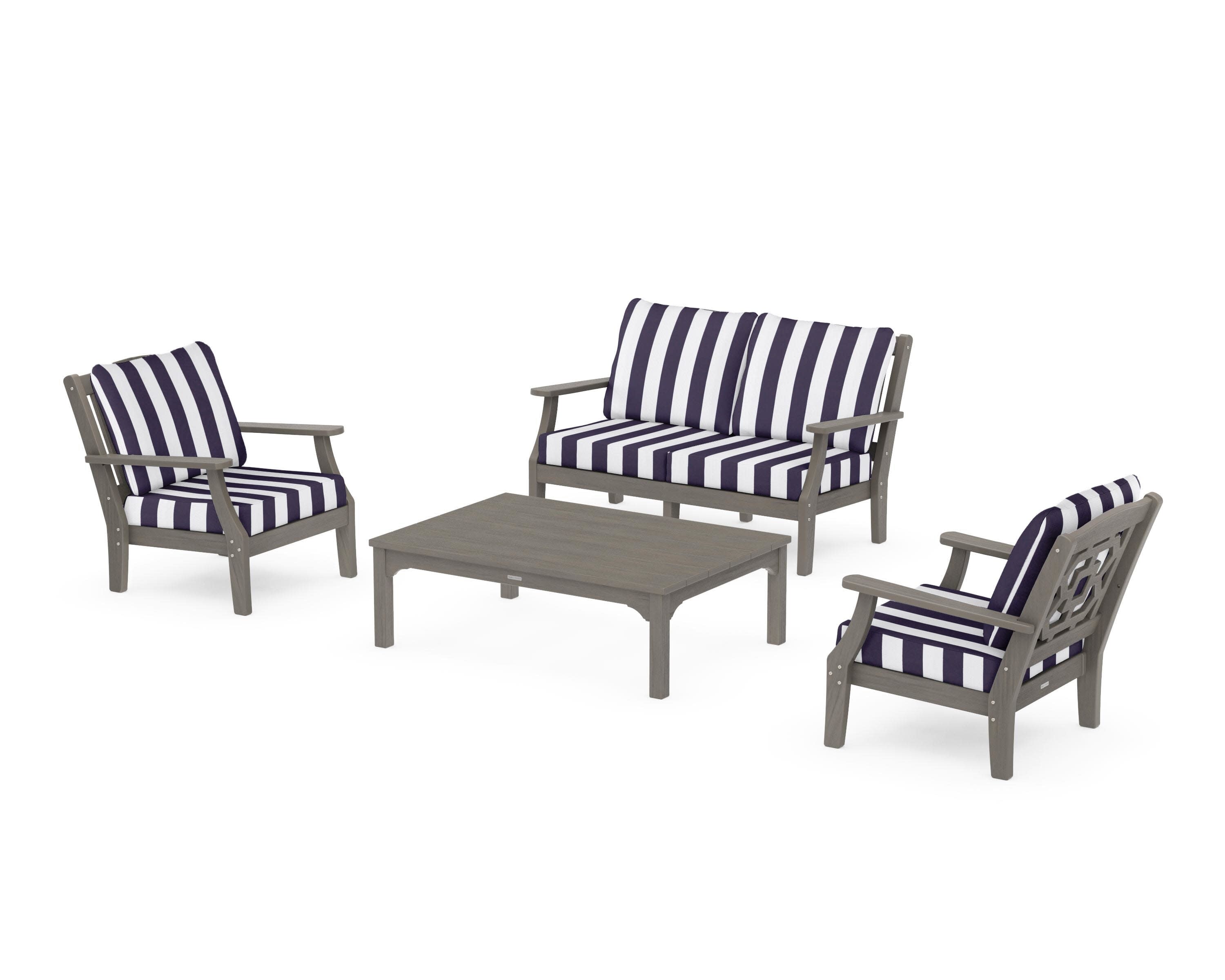Chinoiserie 4-Piece Deep Seating Set with Loveseat in Driftwood / Cabana Stripe Navy
