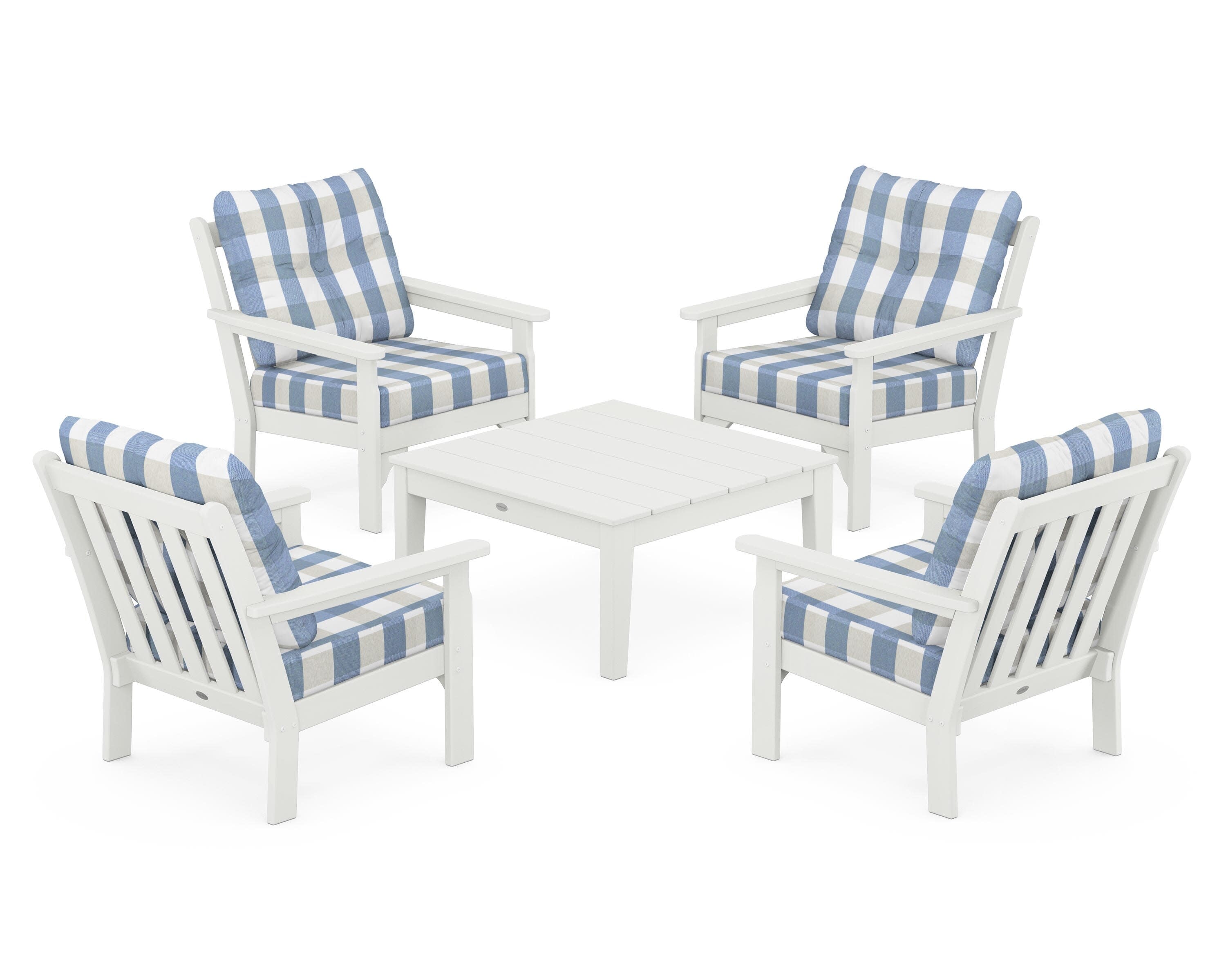 Vineyard 5-Piece Deep Seating Conversation Set in Vintage White / Buffalo Plaid Sky Blue