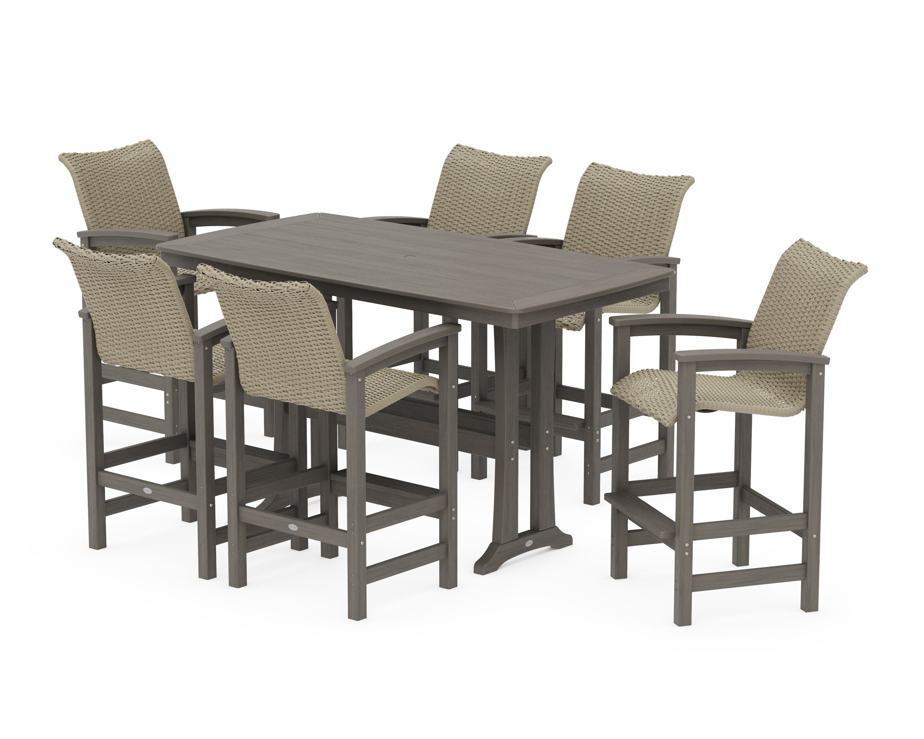 Coastal Woven Arm Chair 7-Piece Bar Set with Trestle Legs in Driftwood / Dune Grass