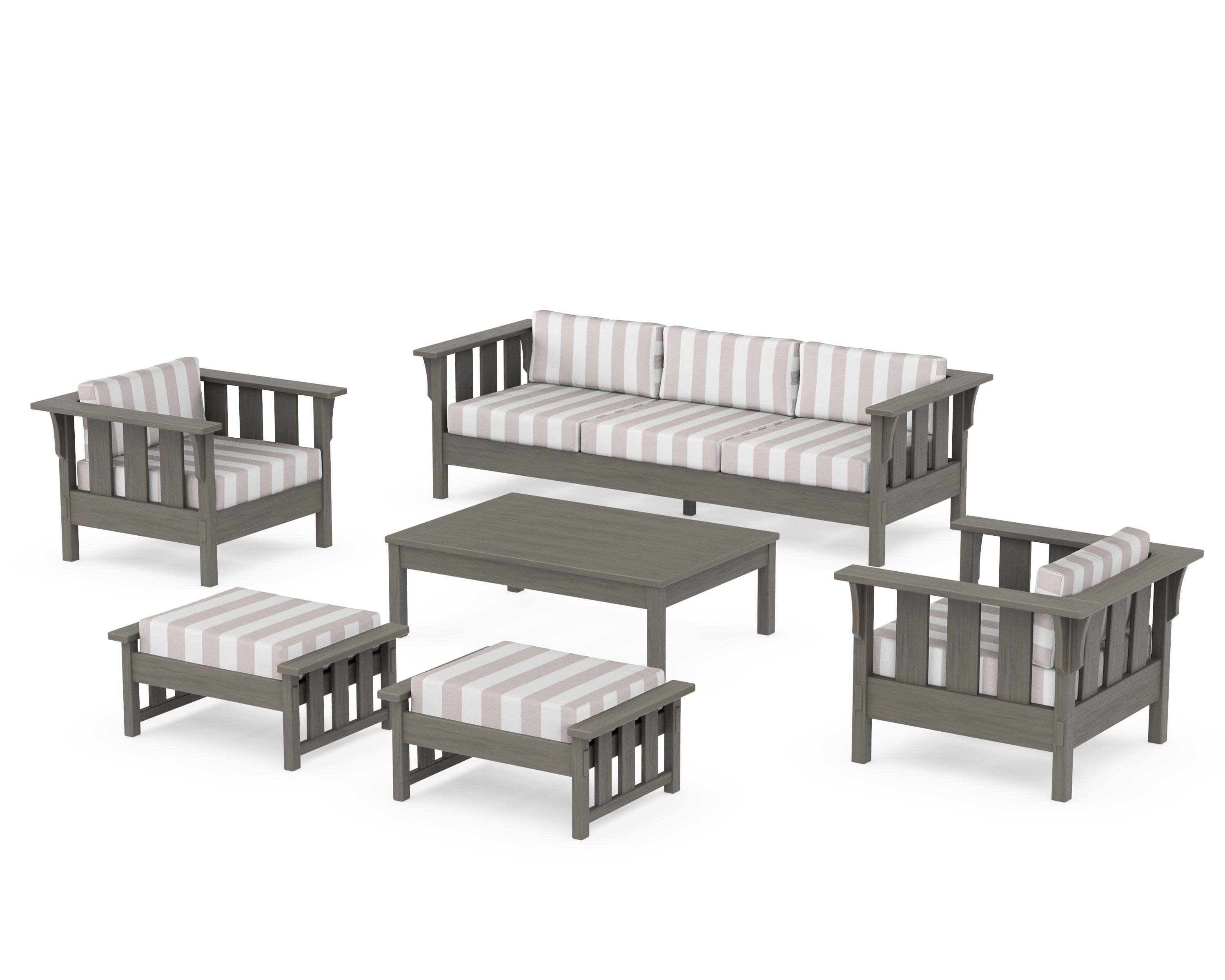 Acadia 6-Piece Lounge Sofa Set in Driftwood / Cabana Stripe Dune Burlap