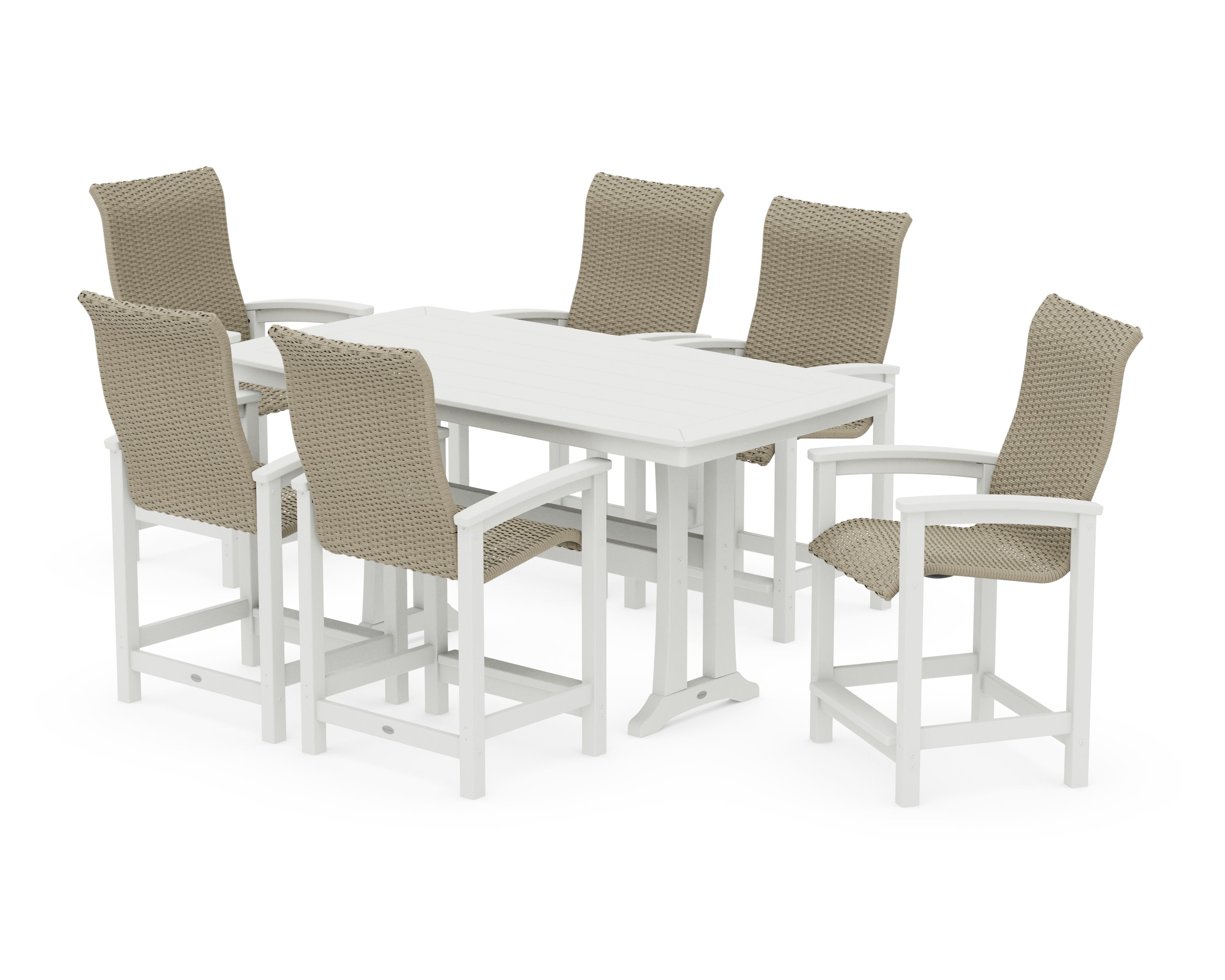 Coastal Woven High-Back Arm Chair 7-Piece Counter Set with Trestle Legs in Vintage White / Dune Grass