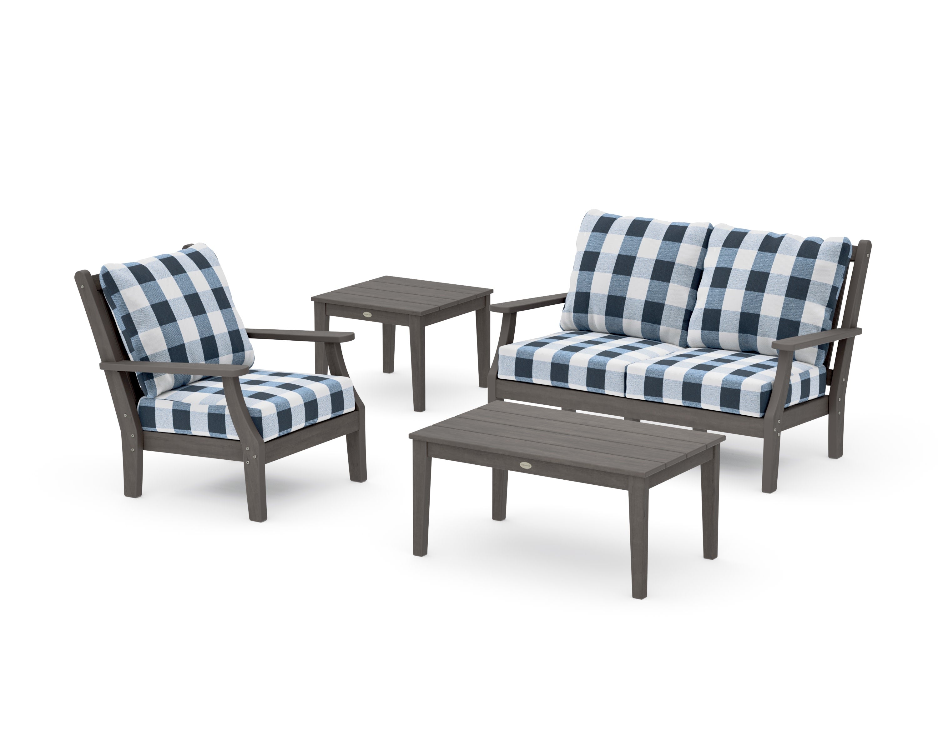 Wovendale 4-Piece Deep Seating Set in Driftwood / Buffalo Plaid Marine Indigo