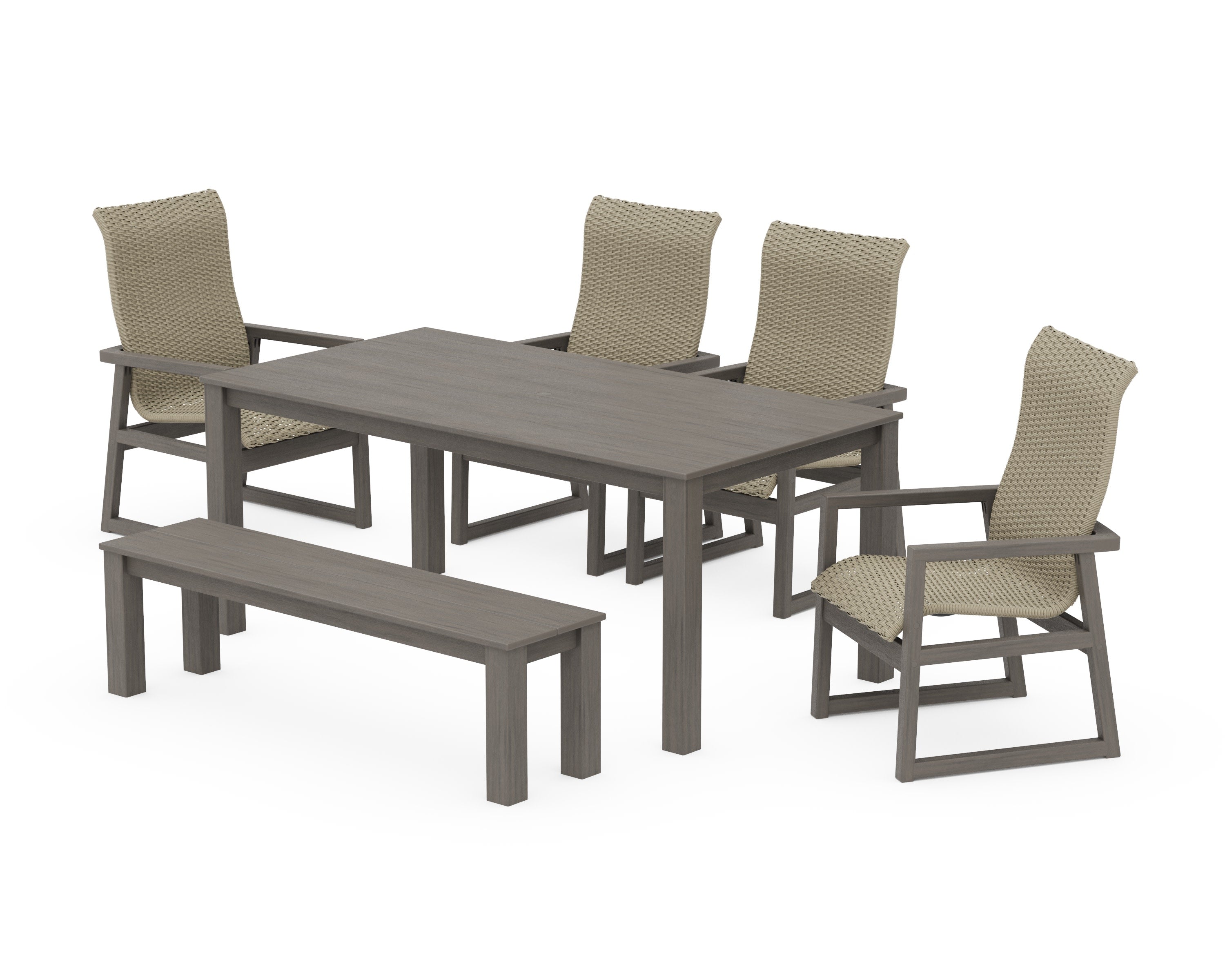 EDGE Woven Highback 6-Piece Parsons Dining Set with Bench in Driftwood / Dune Grass