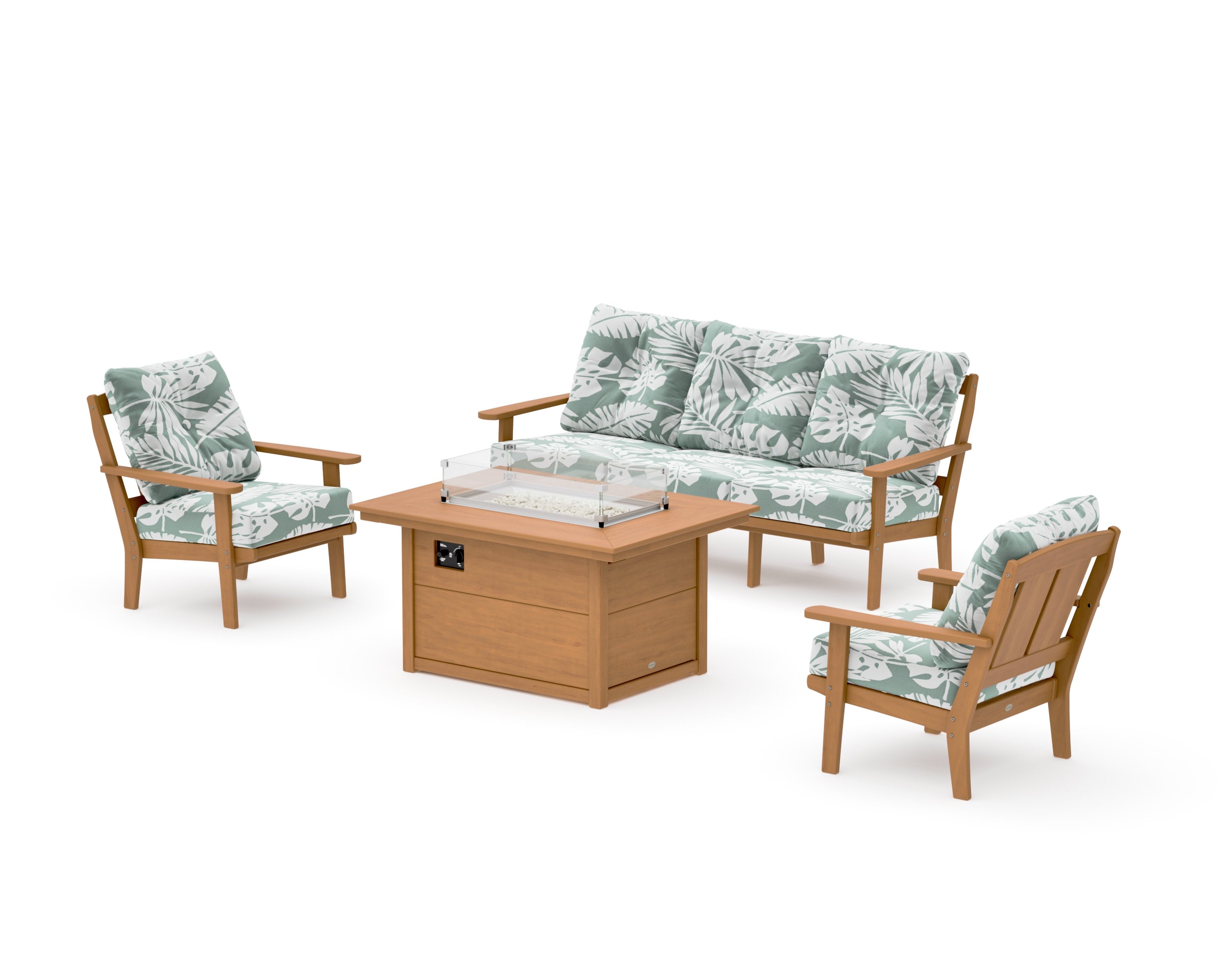 Mission Deep Seating Fire Pit Table Set in Natural / Leaf Glacier Spa