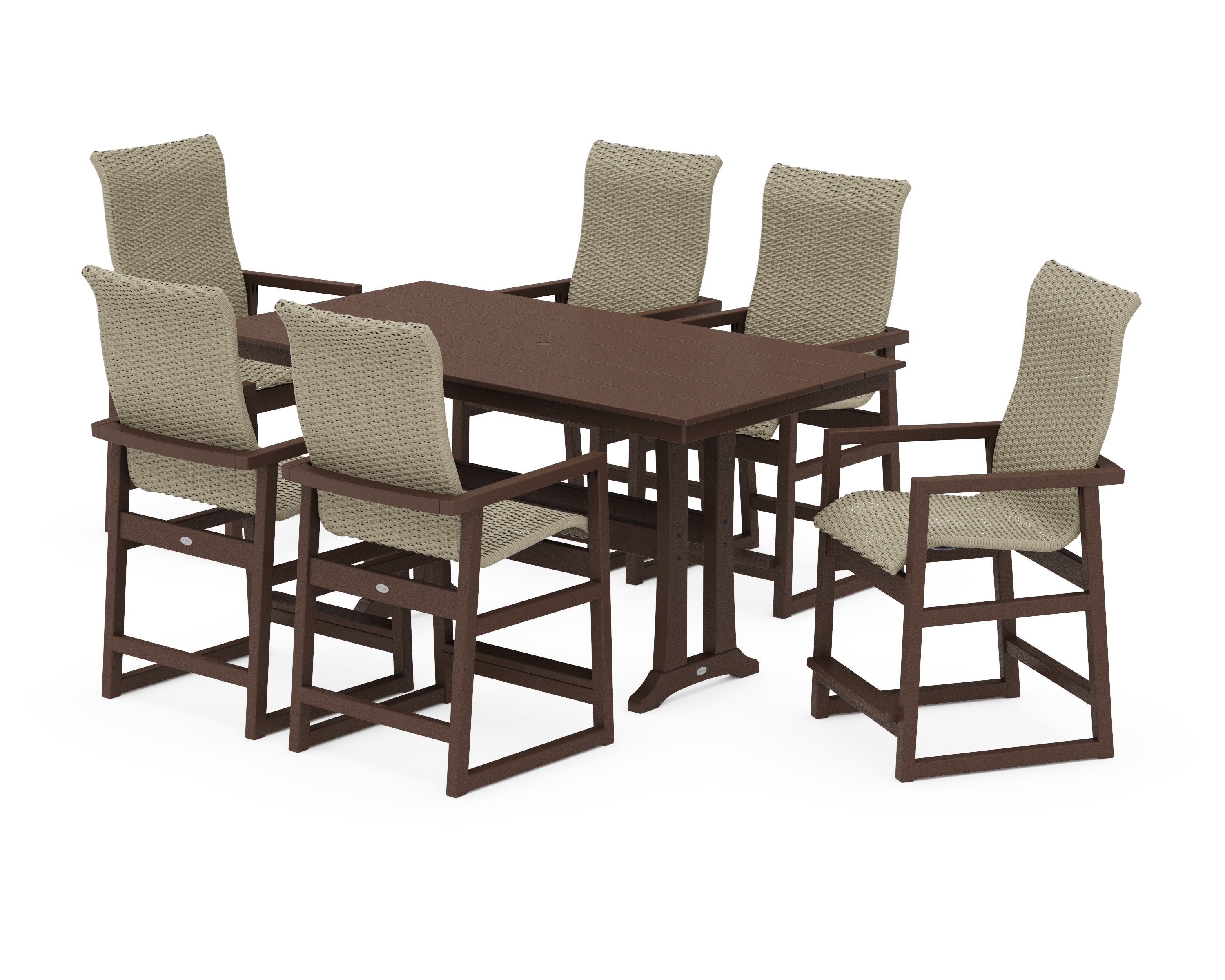 EDGE Woven Highback Arm Chair 7-Piece Farmhouse Counter Set with Trestle Legs in Mahogany / Dune Grass