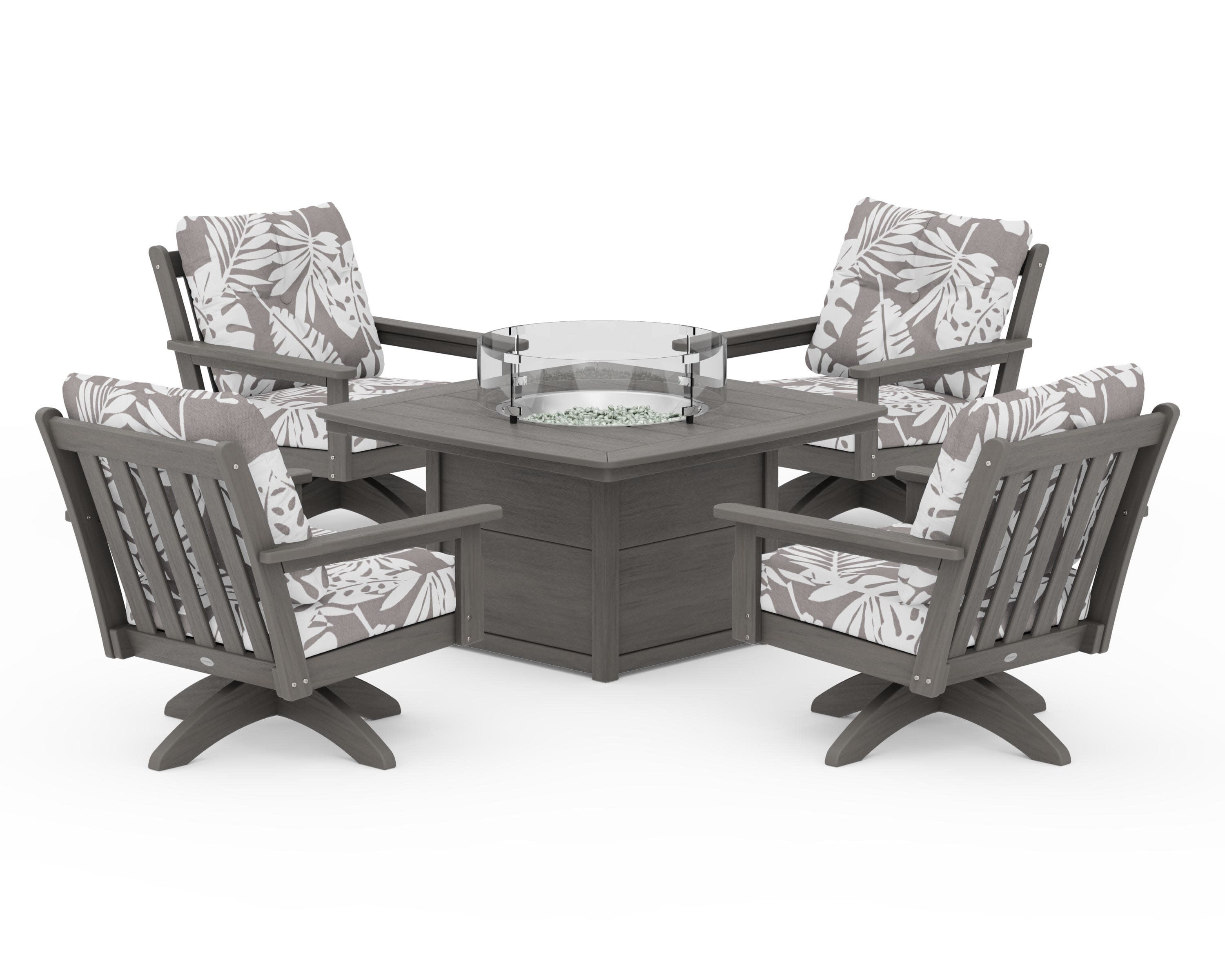Vineyard 5-Piece Deep Seating Swivel Conversation Set with Fire Pit Table in Driftwood / Leaf Grey Mist