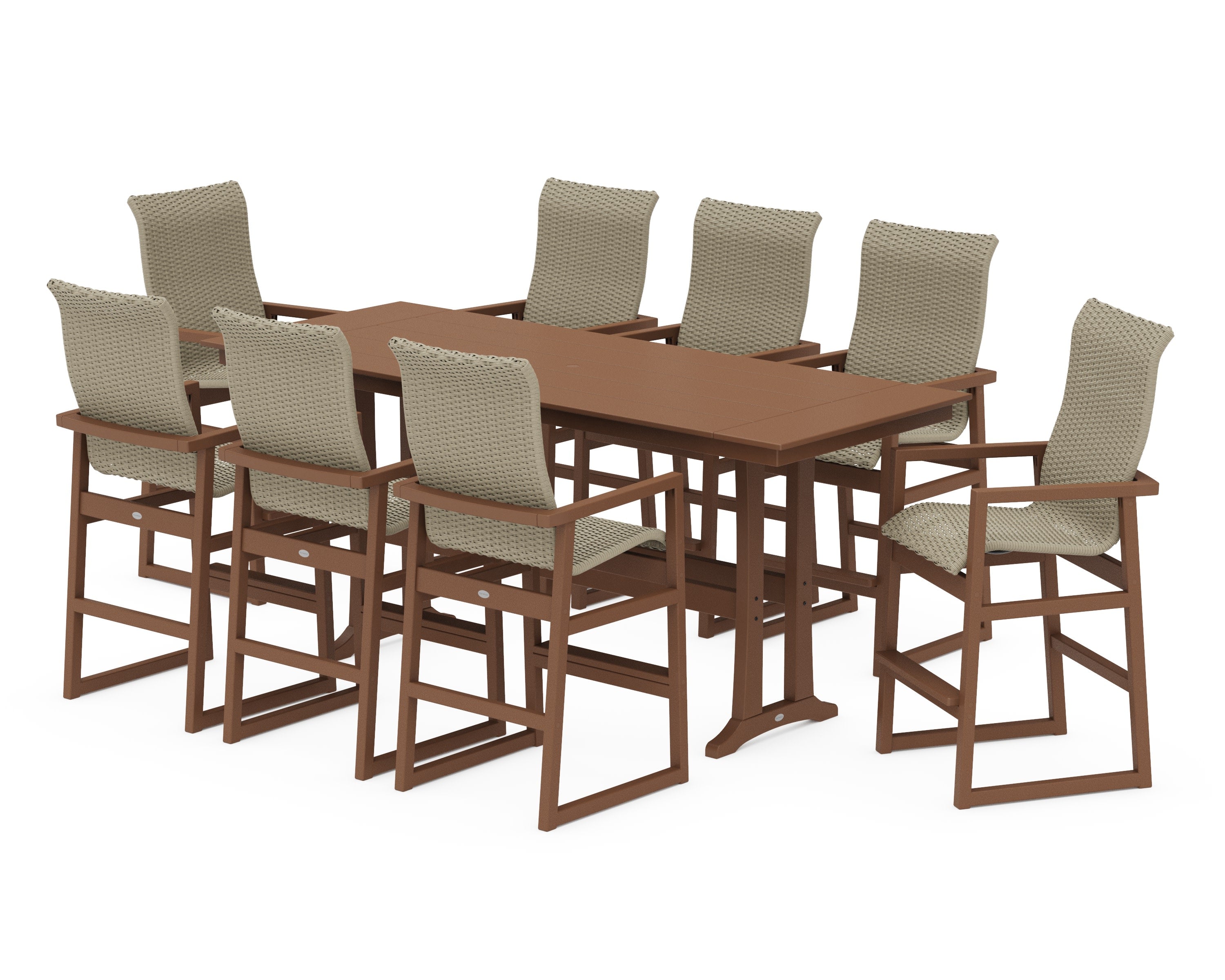 EDGE Woven Highback 9-Piece Farmhouse Bar Set with Trestle Legs in Teak / Dune Grass