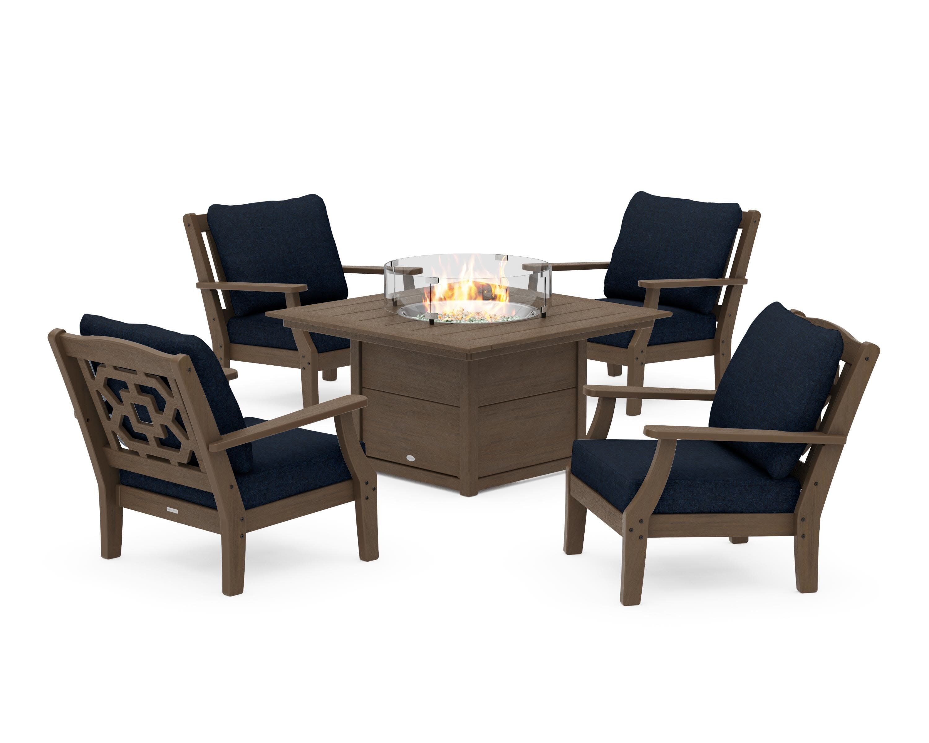 Chinoiserie 5-Piece Deep Seating Set with Fire Pit Table in Kona / Marine Indigo