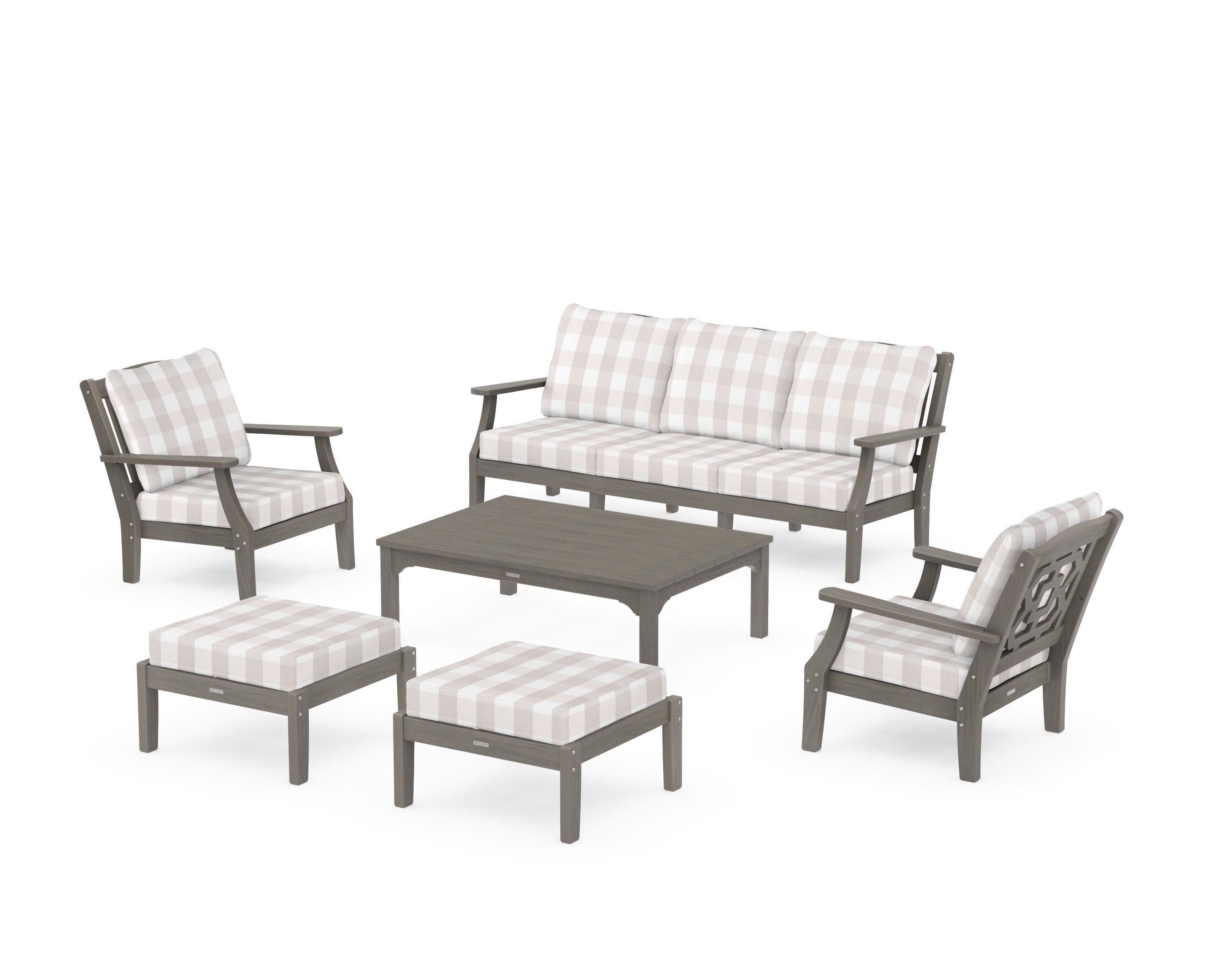Chinoiserie 6-Piece Lounge Sofa Set in Driftwood / Buffalo Plaid Dune Burlap