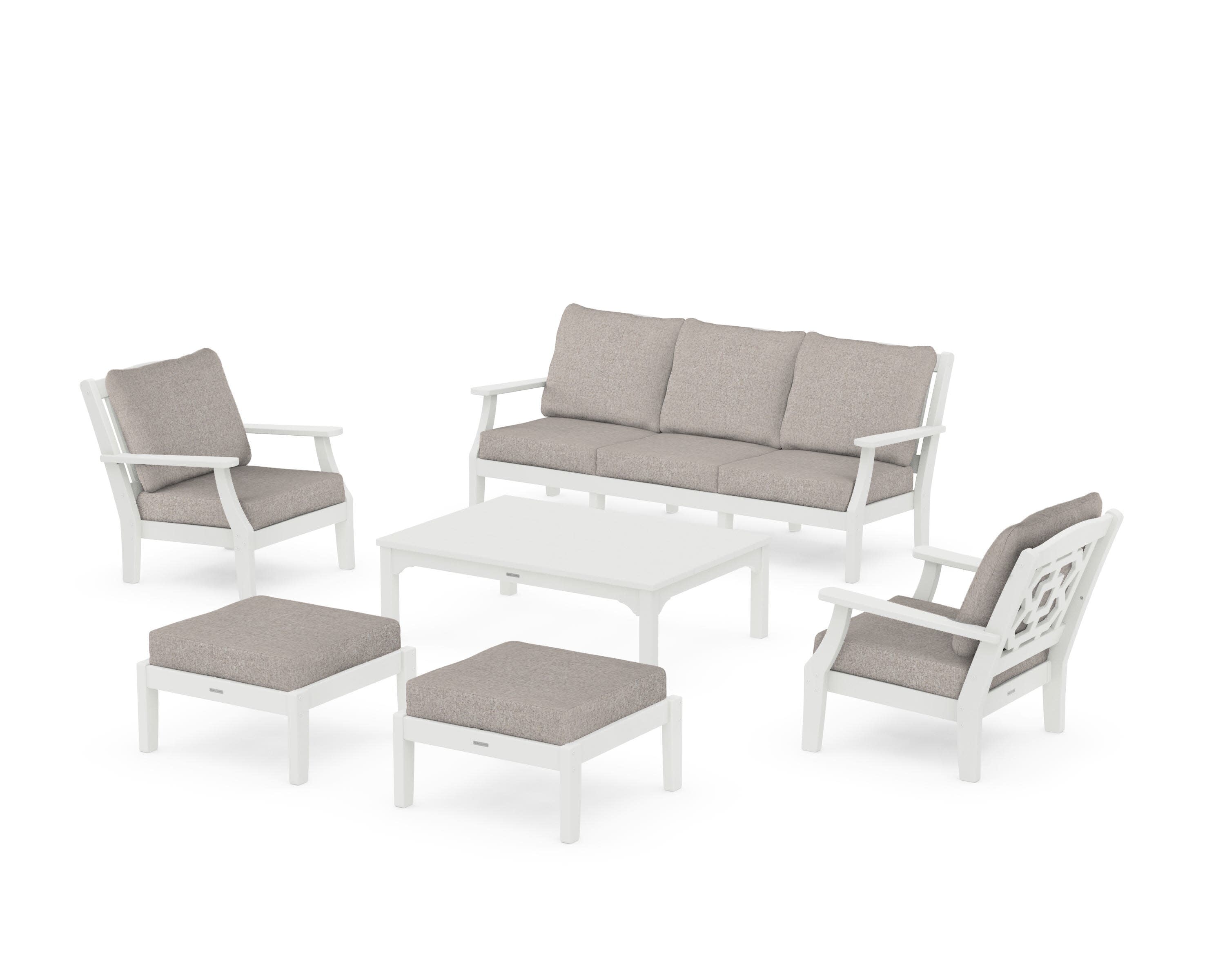 Chinoiserie 6-Piece Lounge Sofa Set in Vintage White / Weathered Tweed
