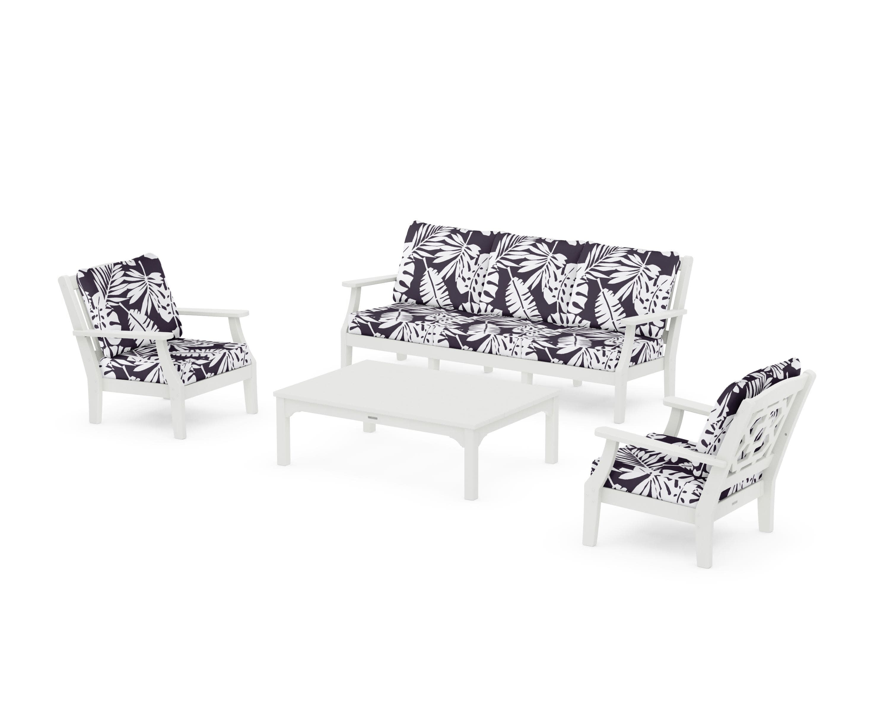 Chinoiserie 4-Piece Deep Seating Set with Sofa in Vintage White / Leaf Navy
