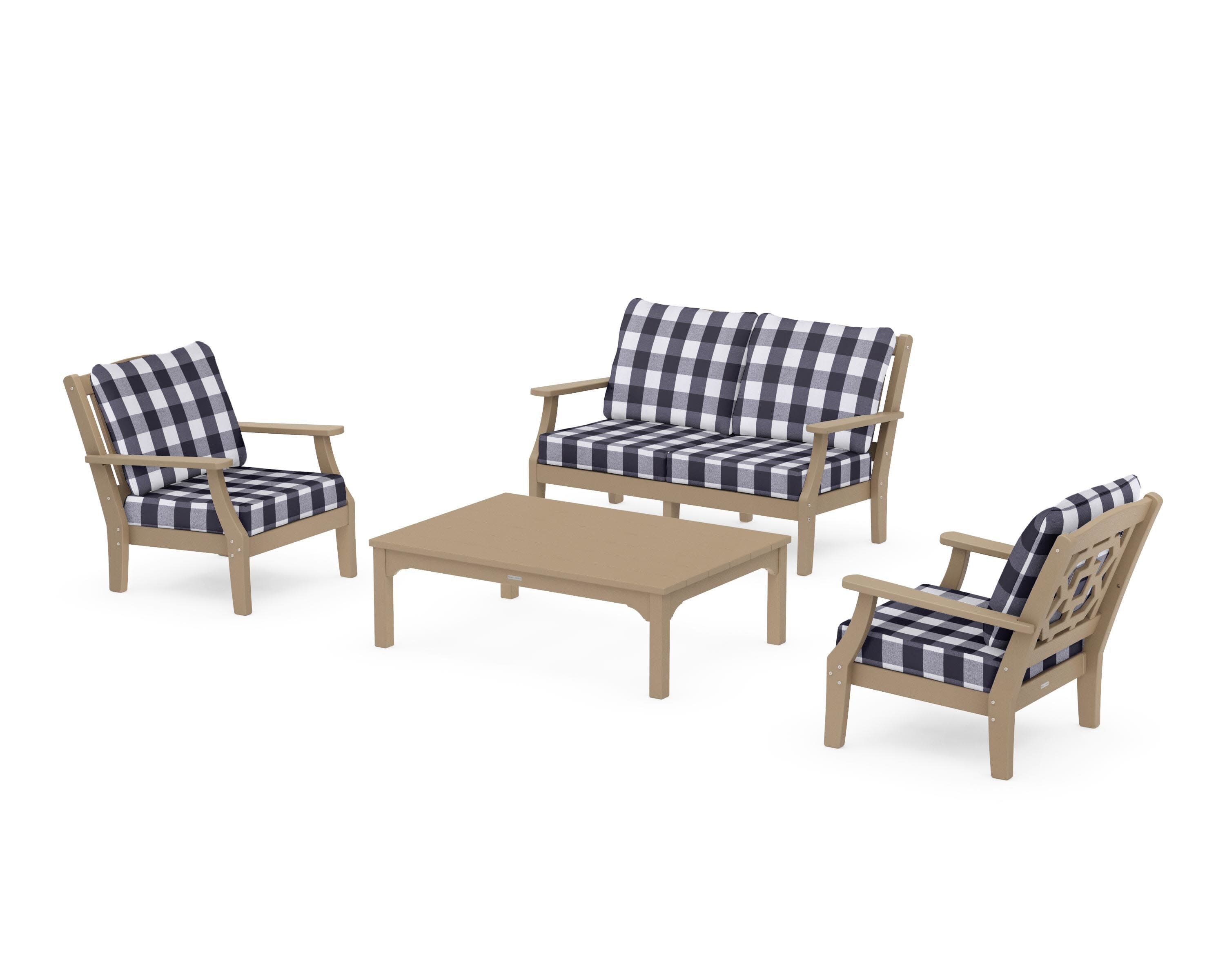 Chinoiserie 4-Piece Deep Seating Set with Loveseat in Vintage Sahara / Buffalo Plaid Navy