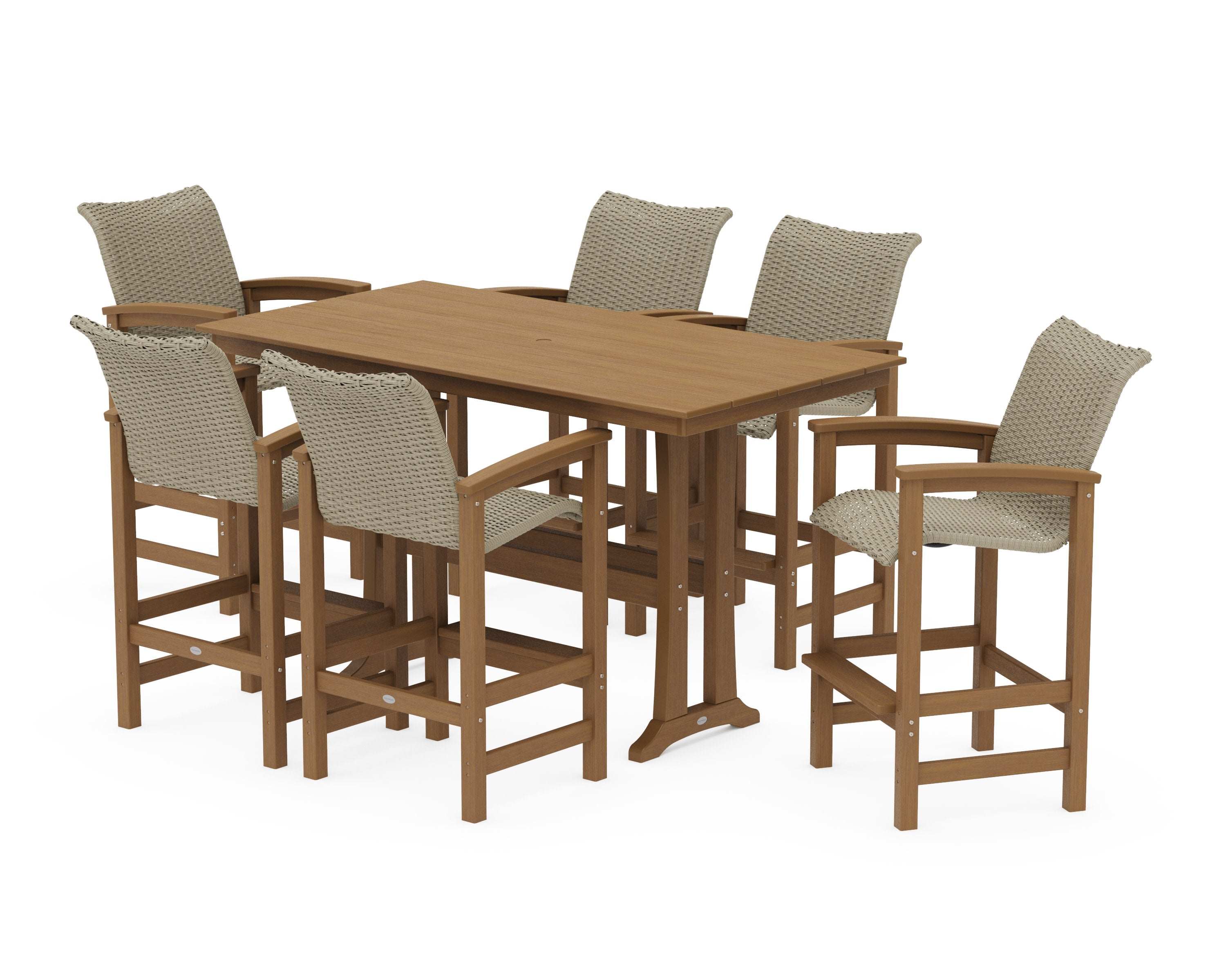 Coastal Woven Arm Chair 7-Piece Farmhouse Bar Set with Trestle Legs in Natural / Dune Grass