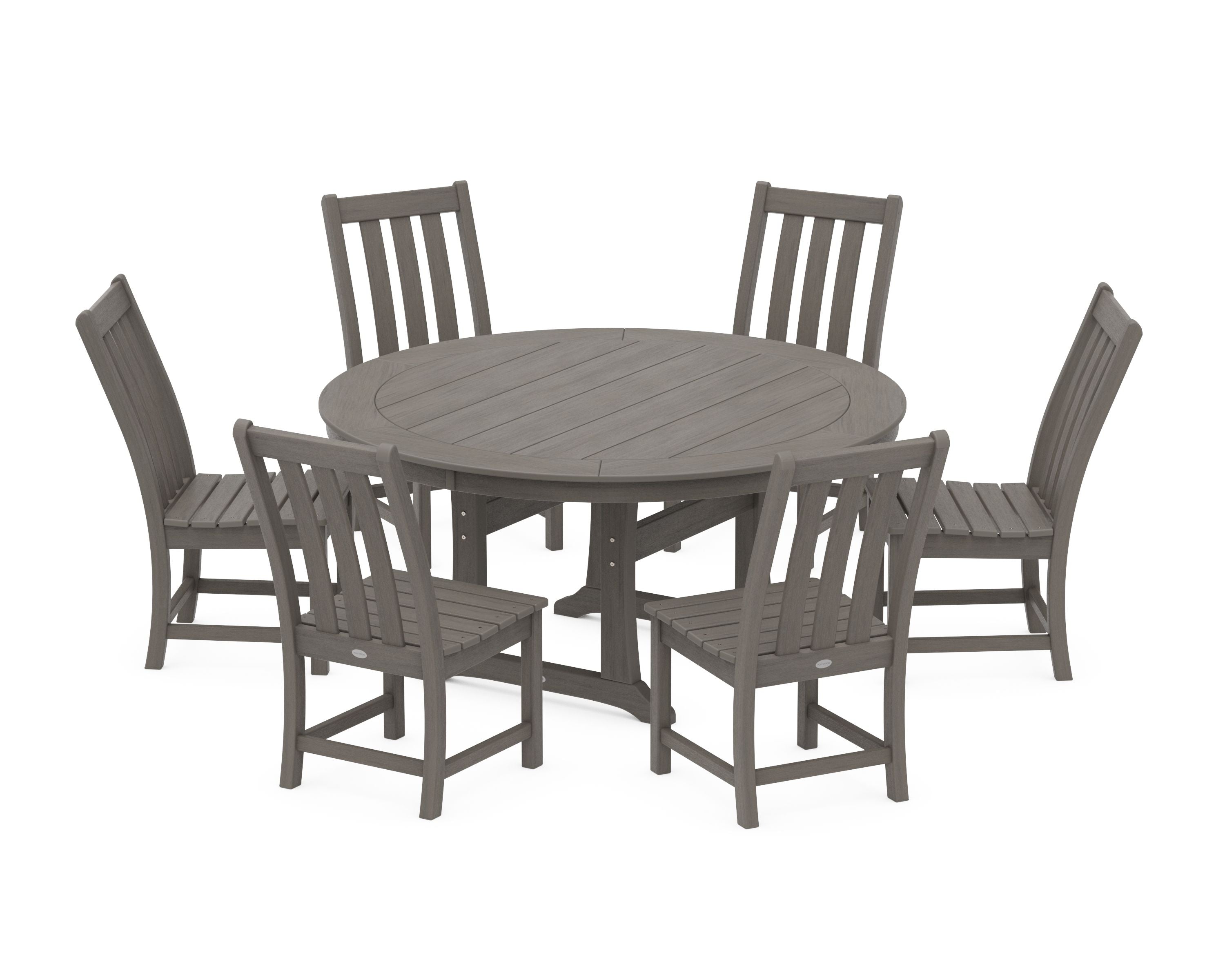 Vineyard 7-Piece Side Chair Round Dining Set in Driftwood