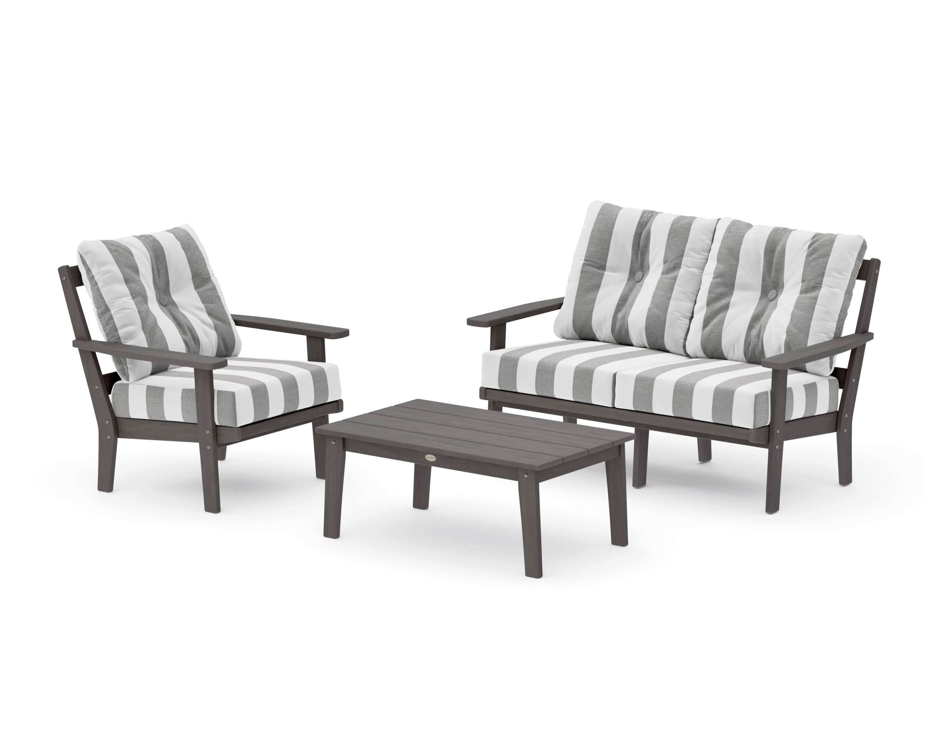 Prairie 3-Piece Deep Seating Set with Loveseat in Driftwood / Cabana Stripe Grey Mist