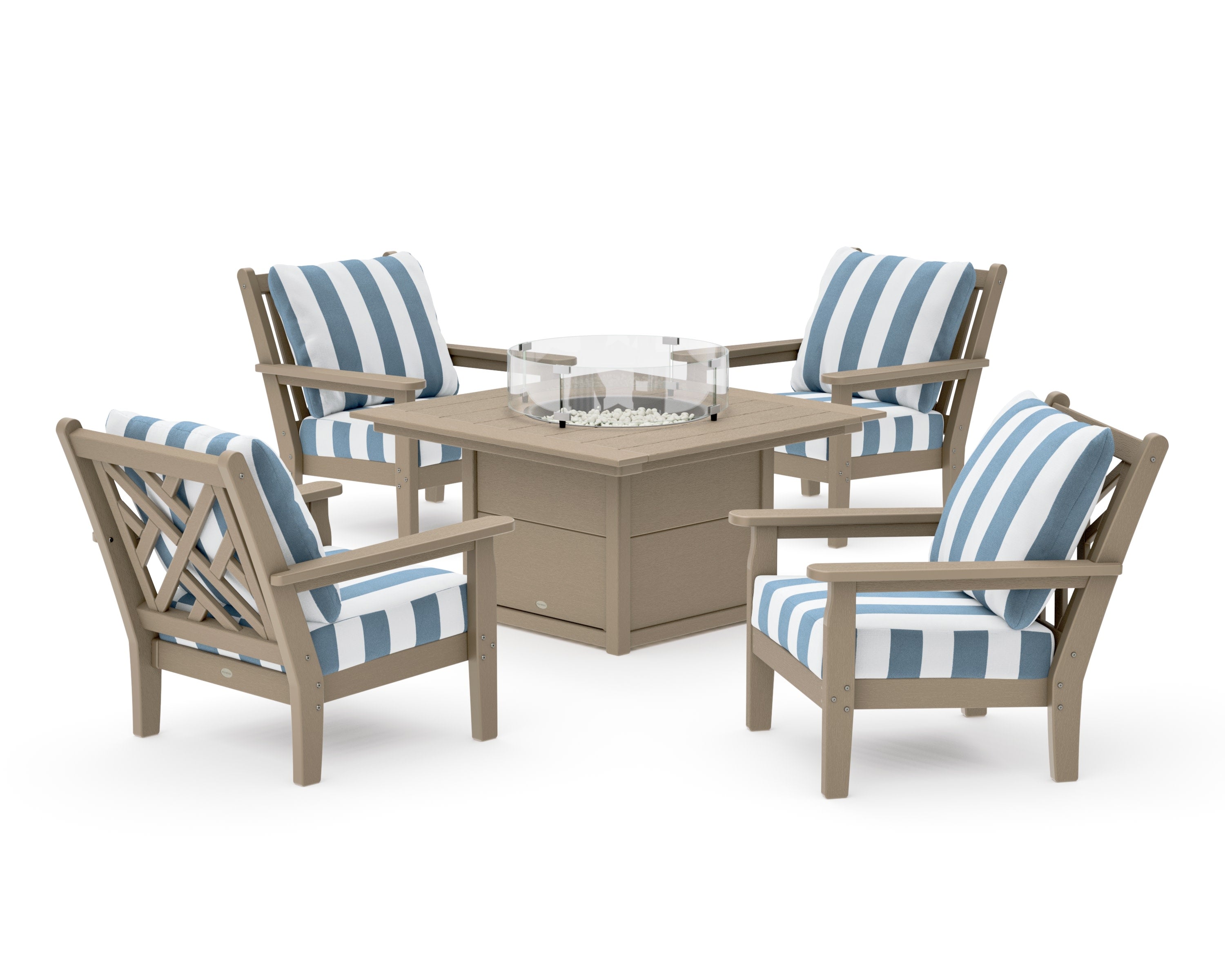 Chippendale 5-Piece Deep Seating Set with Fire Pit Table in Vintage Sahara / Cabana Stripe Sky Blue