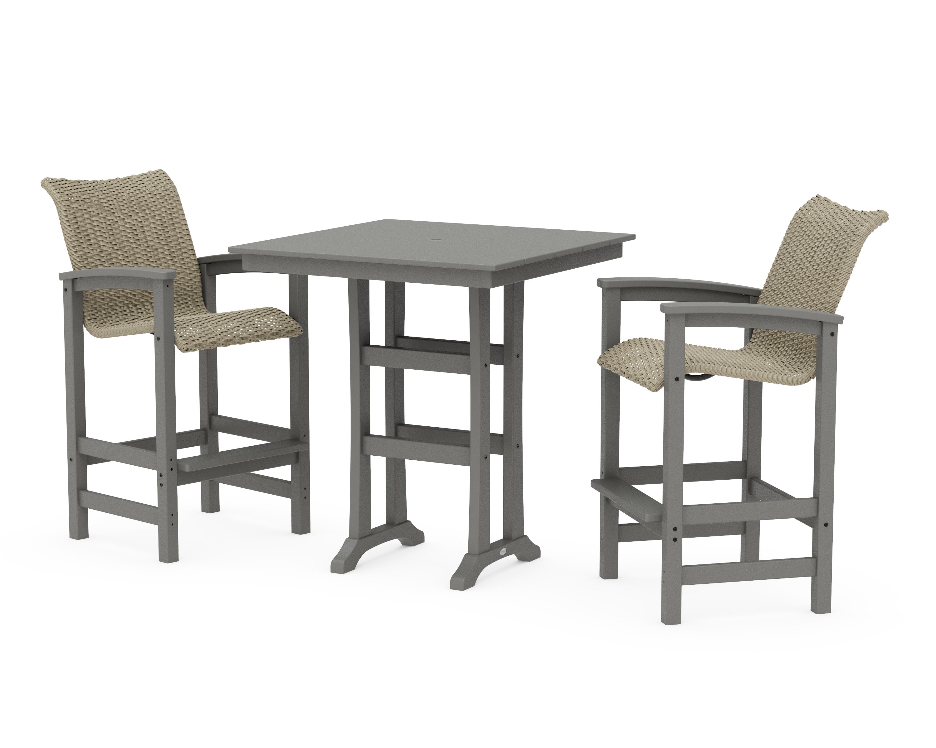 Coastal Woven 3-Piece Farmhouse Bar Set with Trestle Legs in Slate Grey / Dune Grass