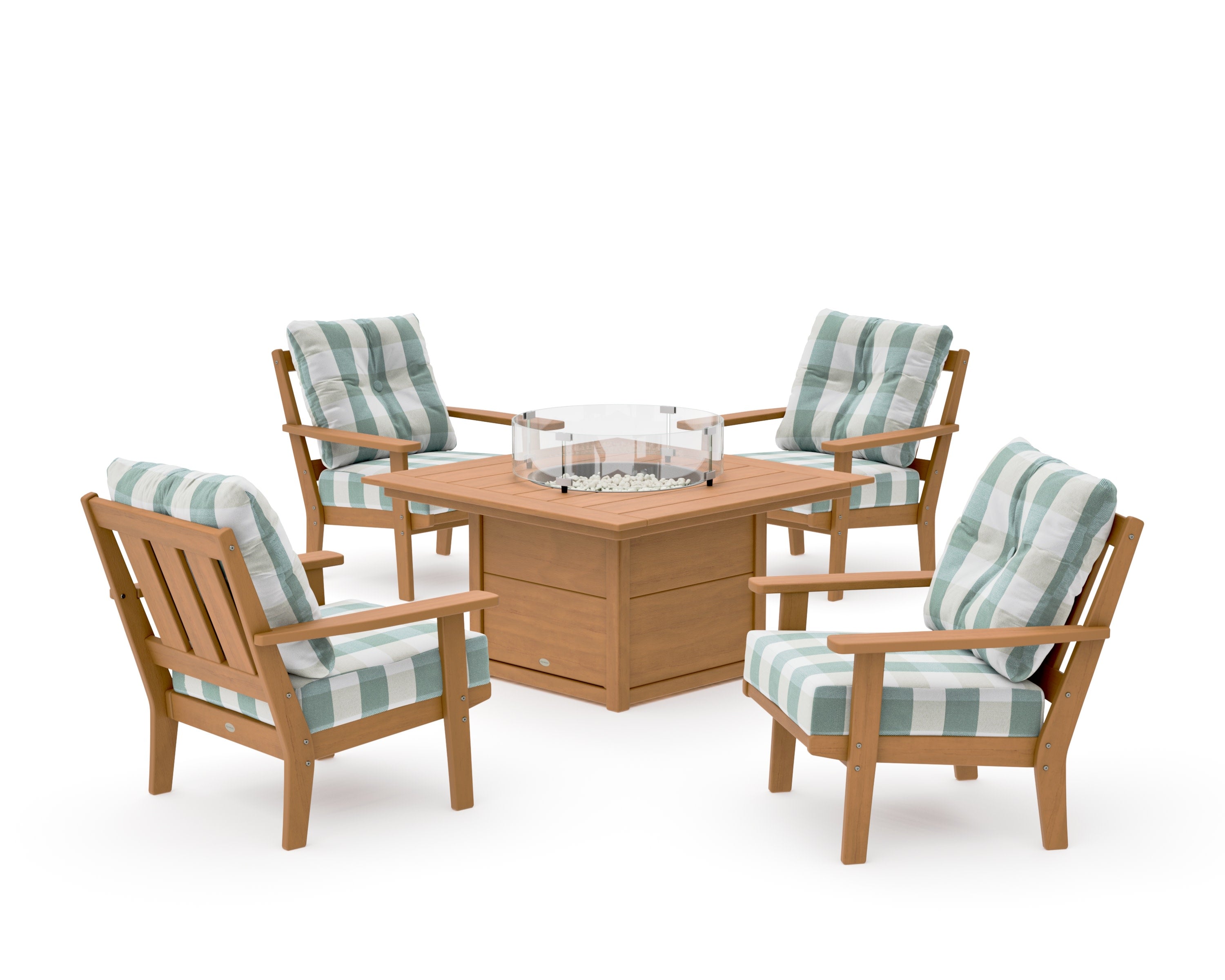 Oxford 5-Piece Deep Seating Set with Fire Pit Table in Natural / Buffalo Plaid Glacier Spa