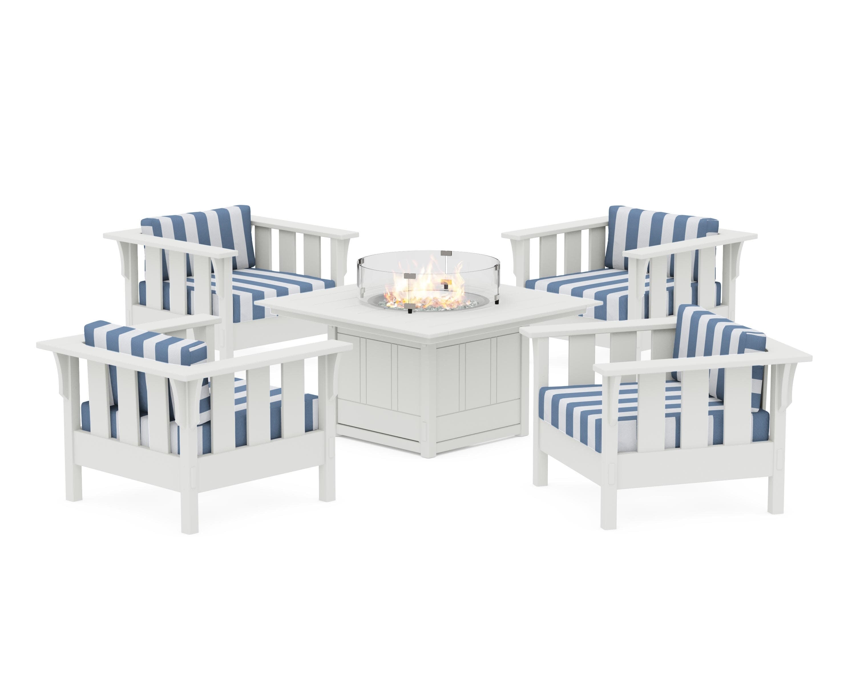 Acadia 5-Piece Deep Seating Set with Fire Pit Table in White / Cabana Stripe Sky Blue