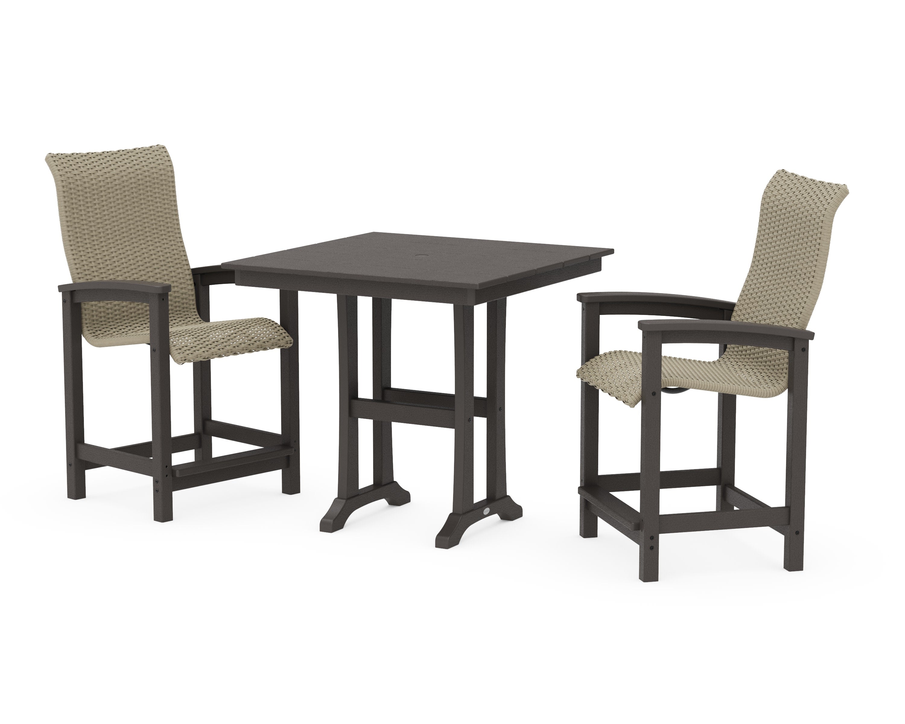 Coastal Woven High-Back 3-Piece Farmhouse Counter Set with Trestle Legs in Vintage Coffee / Dune Grass