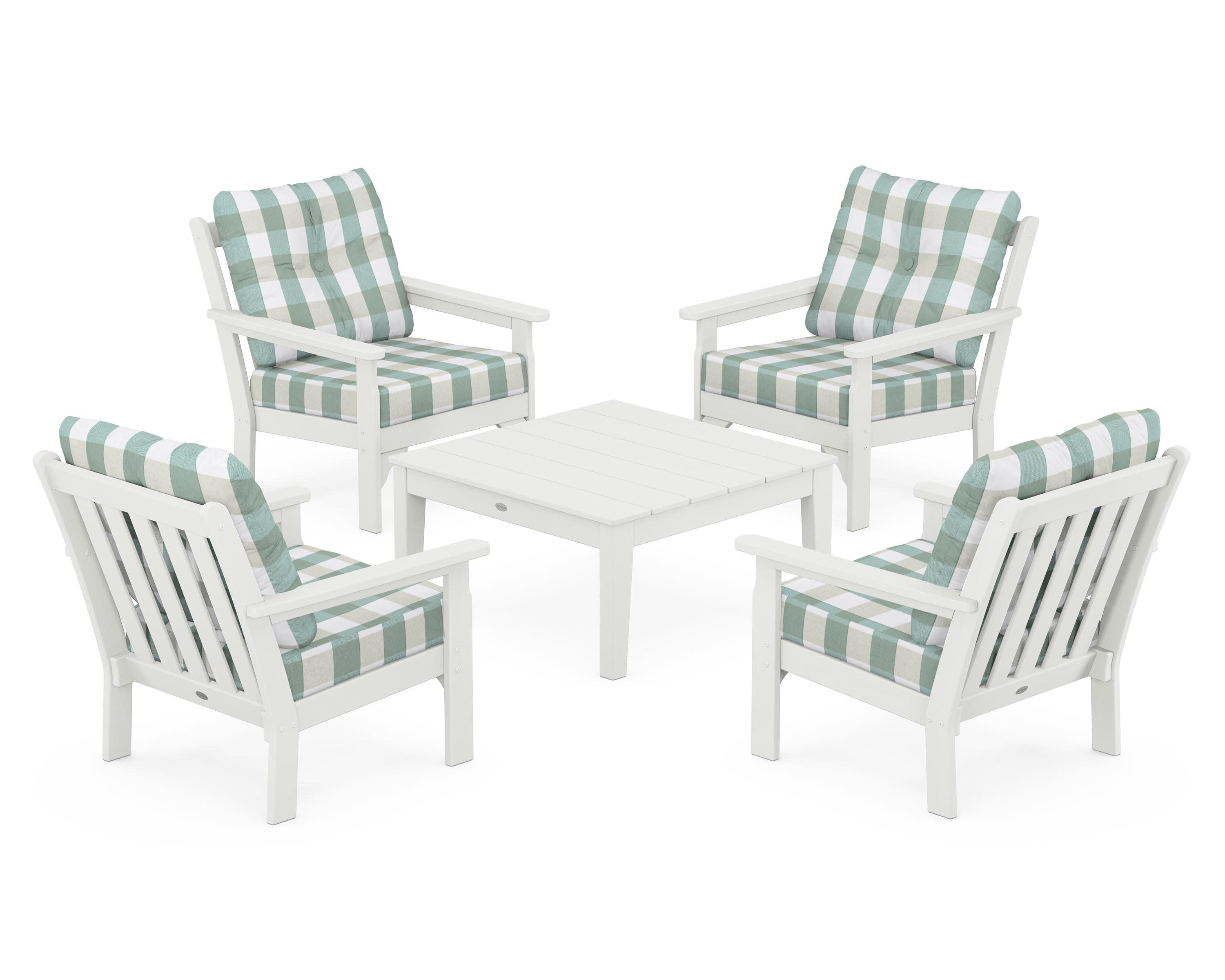 Vineyard 5-Piece Deep Seating Conversation Set in Vintage White / Buffalo Plaid Glacier Spa