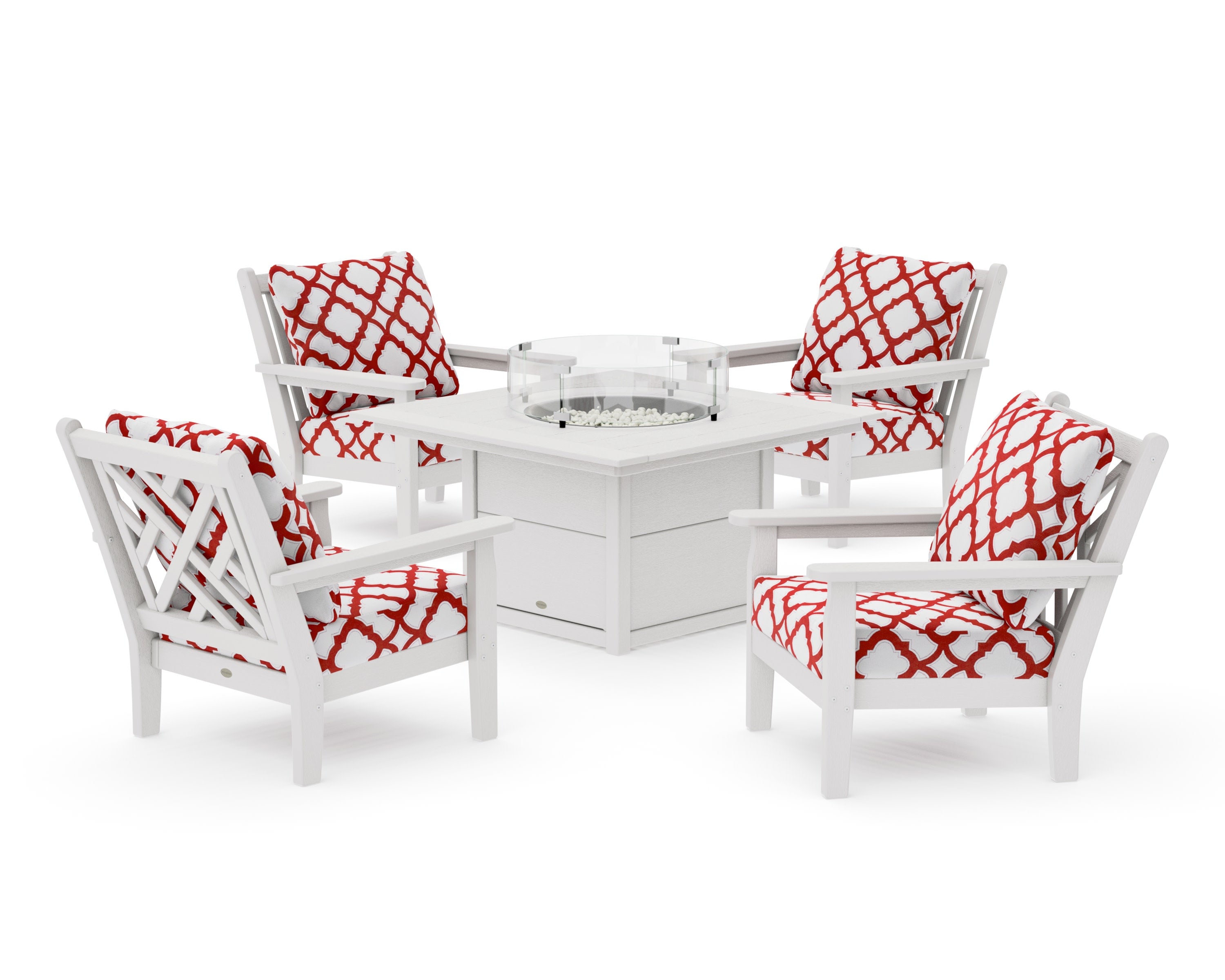 Chippendale 5-Piece Deep Seating Set with Fire Pit Table in Vintage White / Trellis Crimson
