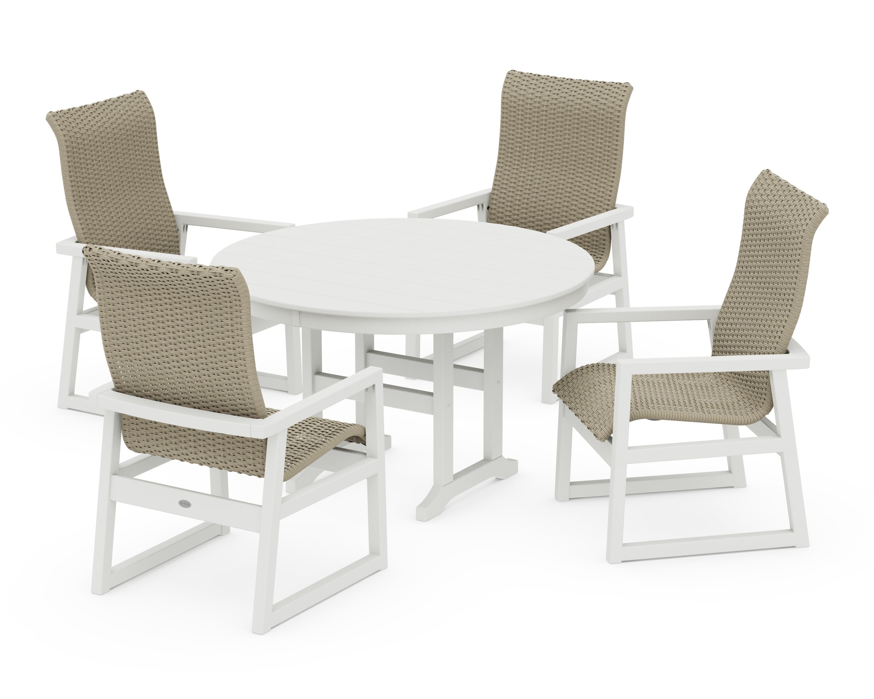 EDGE Woven Highback 5-Piece Round Farmhouse Dining Set in White / Dune Grass