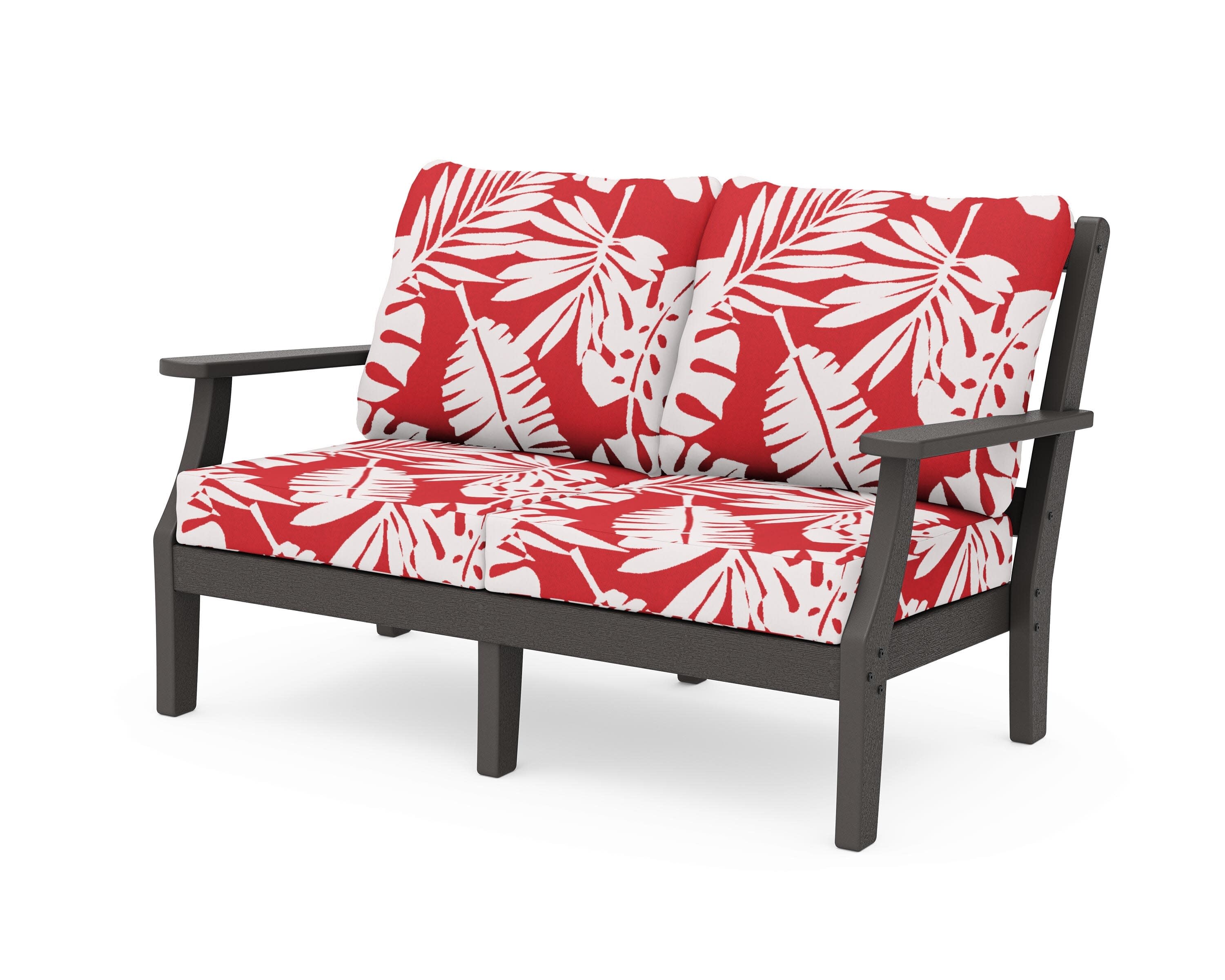 Chinoiserie Deep Seating Loveseat in Vintage Coffee / Leaf Crimson