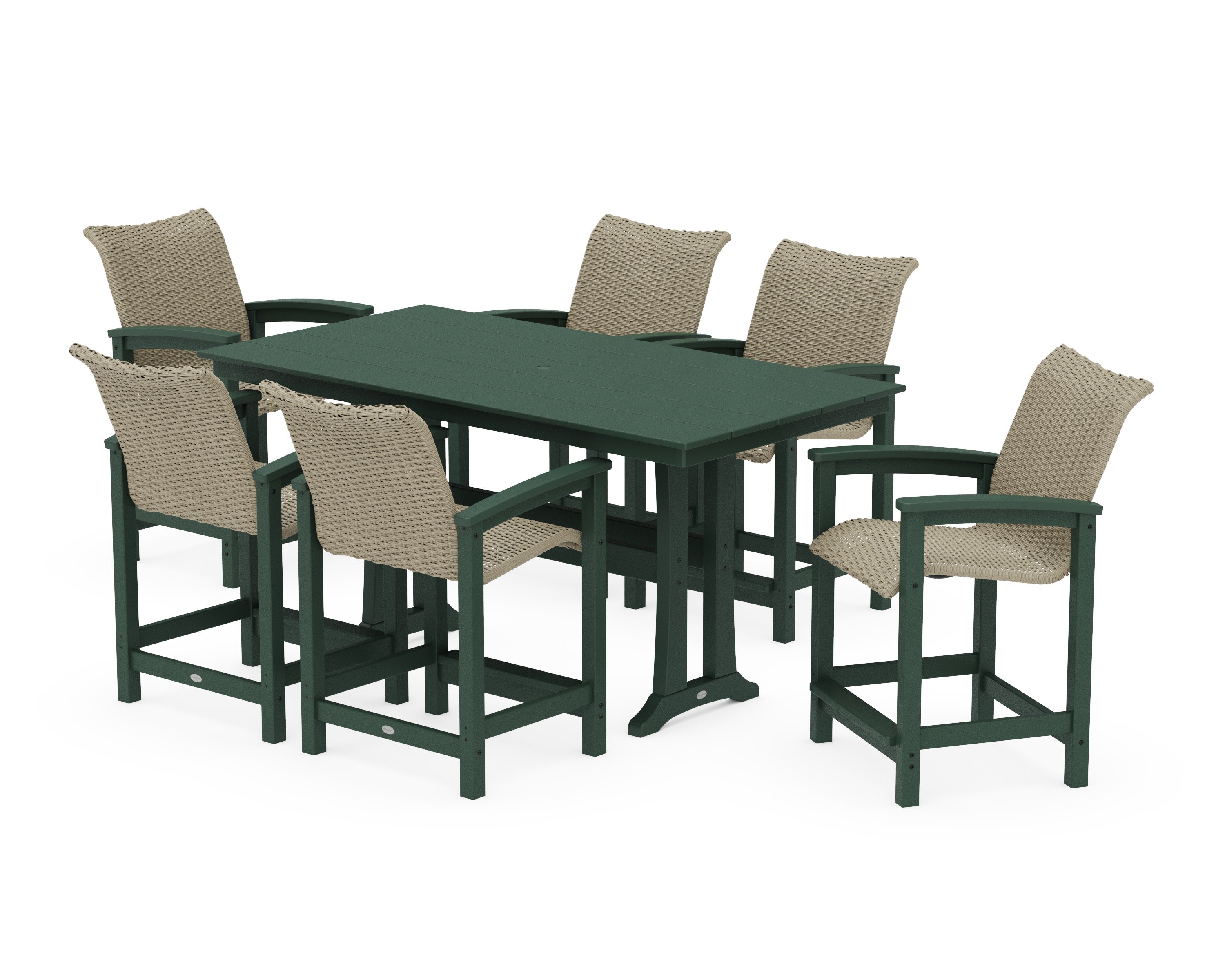 Coastal Woven Arm Chair 7-Piece Farmhouse Counter Set with Trestle Legs in Green / Dune Grass