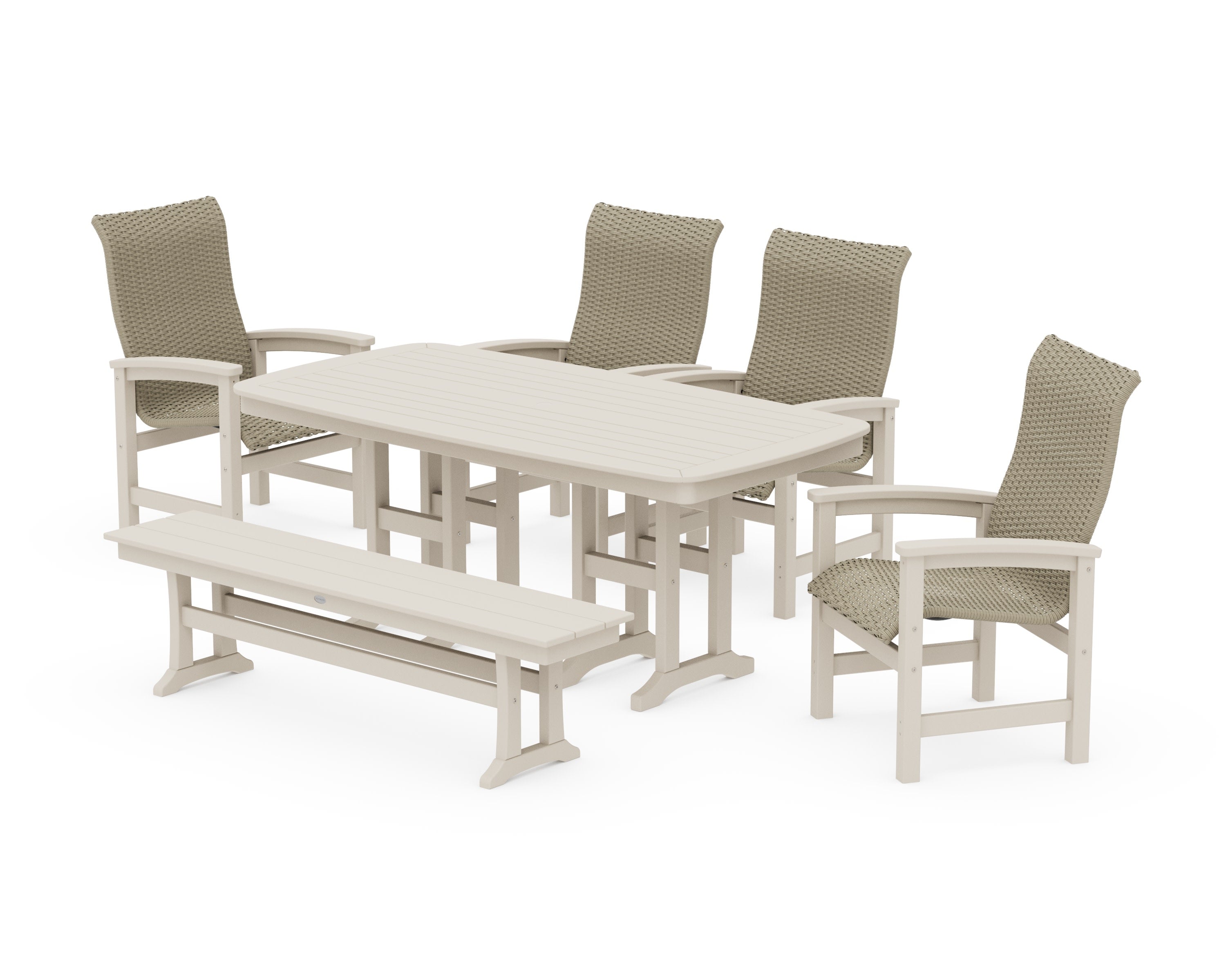 Coastal Woven High-Back 6-Piece Farmhouse Dining Set with Bench in Sand / Dune Grass