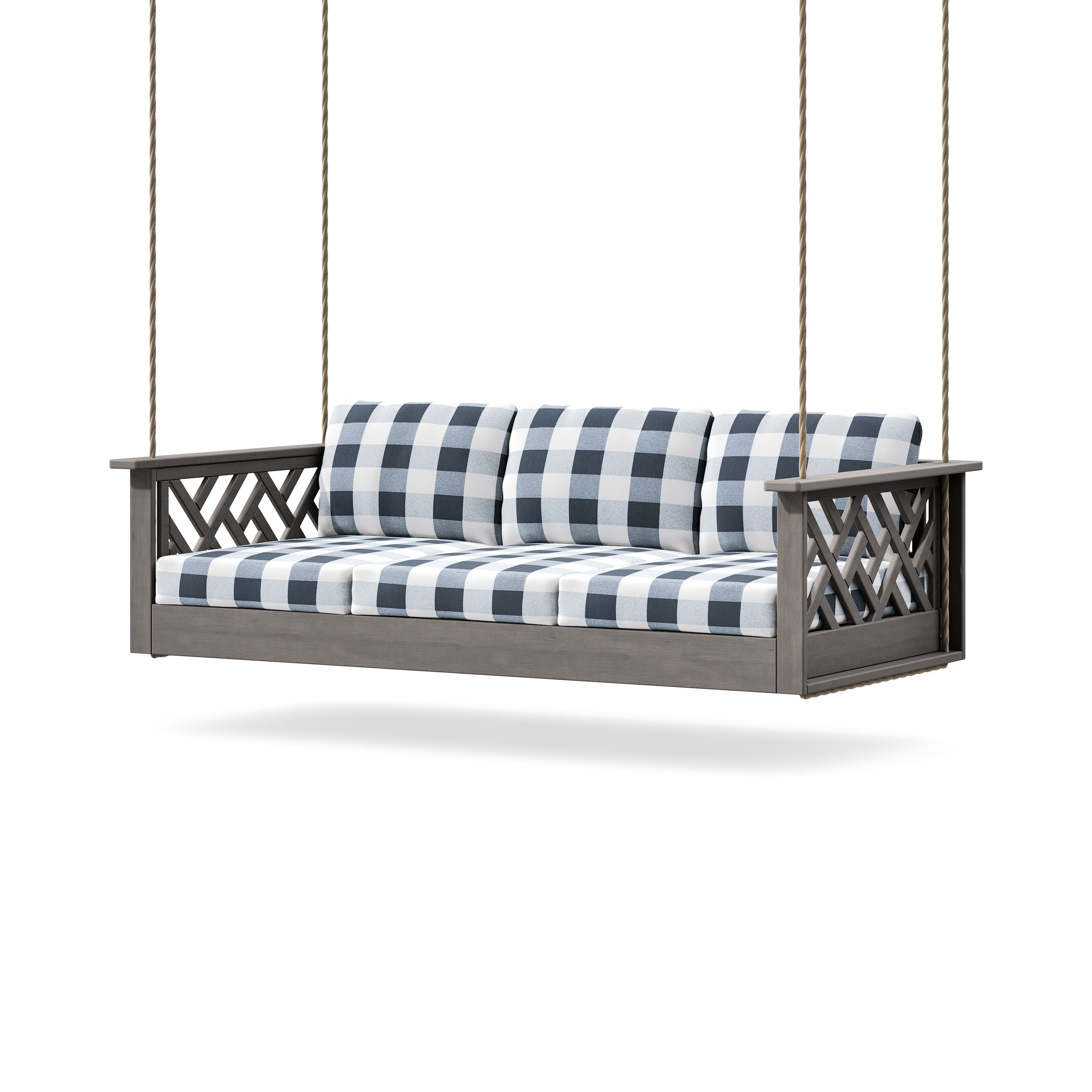 Chippendale Daybed Swing in Driftwood / Buffalo Plaid Marine Indigo