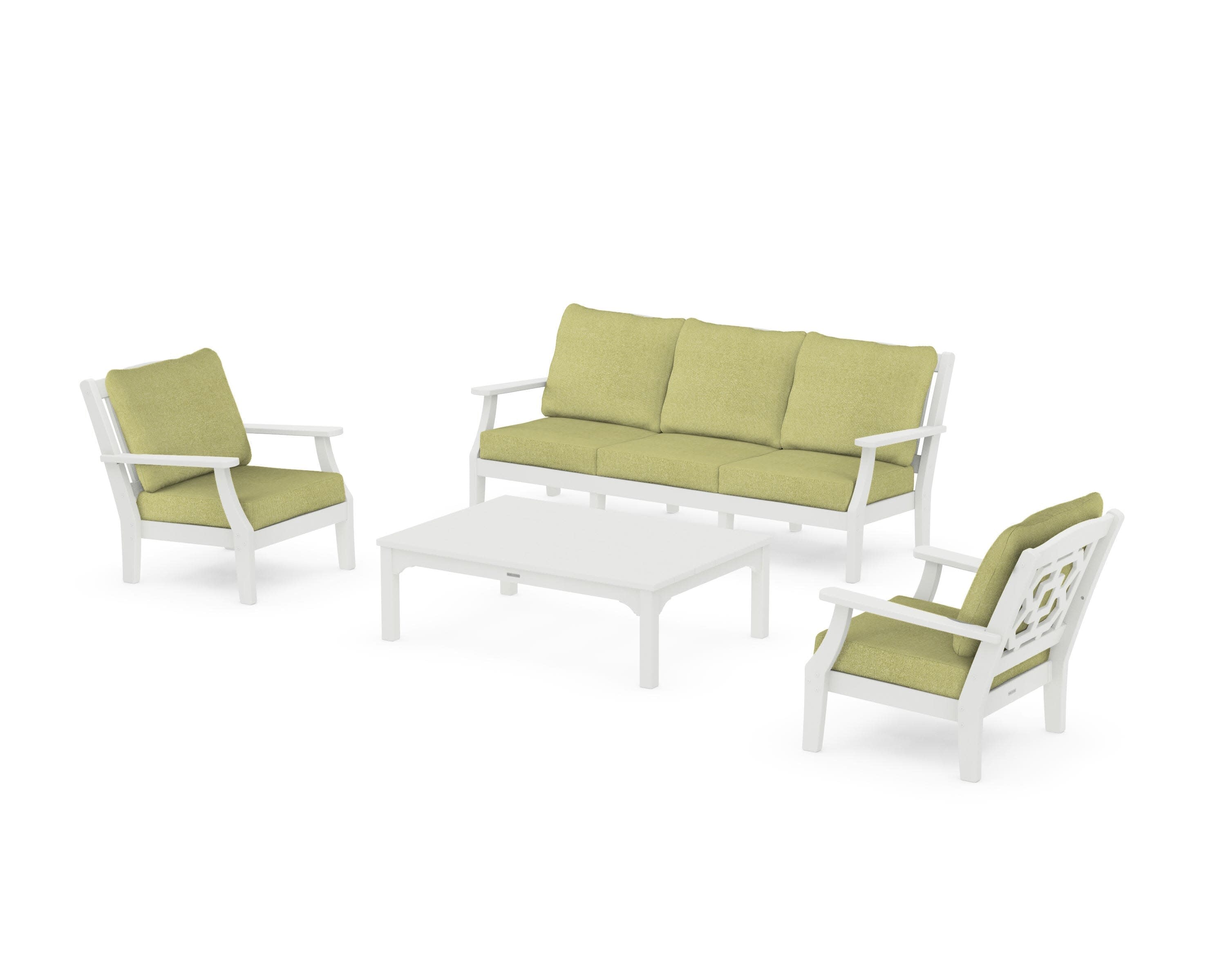 Chinoiserie 4-Piece Deep Seating Set with Sofa in Vintage White / Chartreuse Boucle