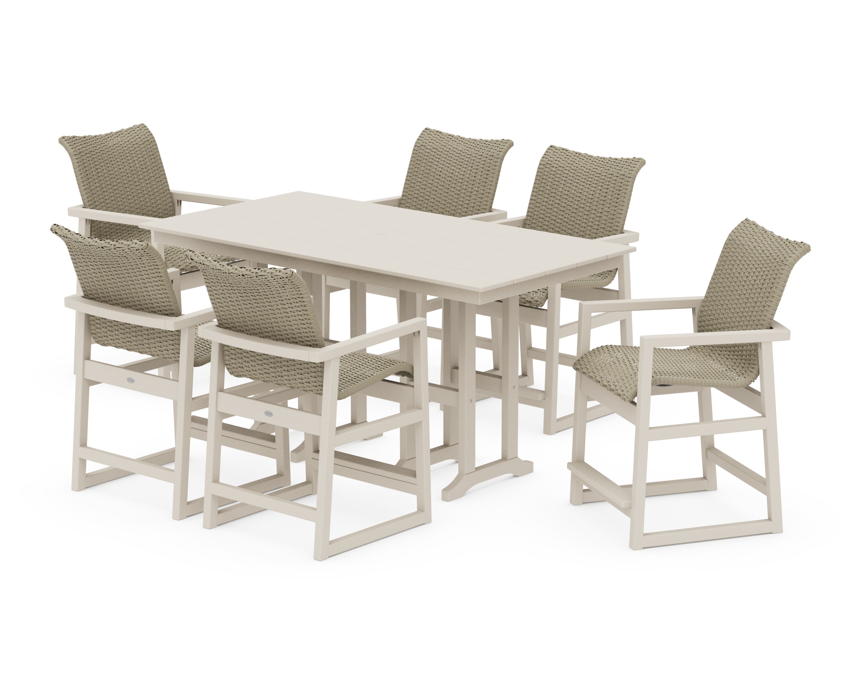 EDGE Woven Arm Chair 7-Piece Farmhouse Counter Set in Sand / Dune Grass
