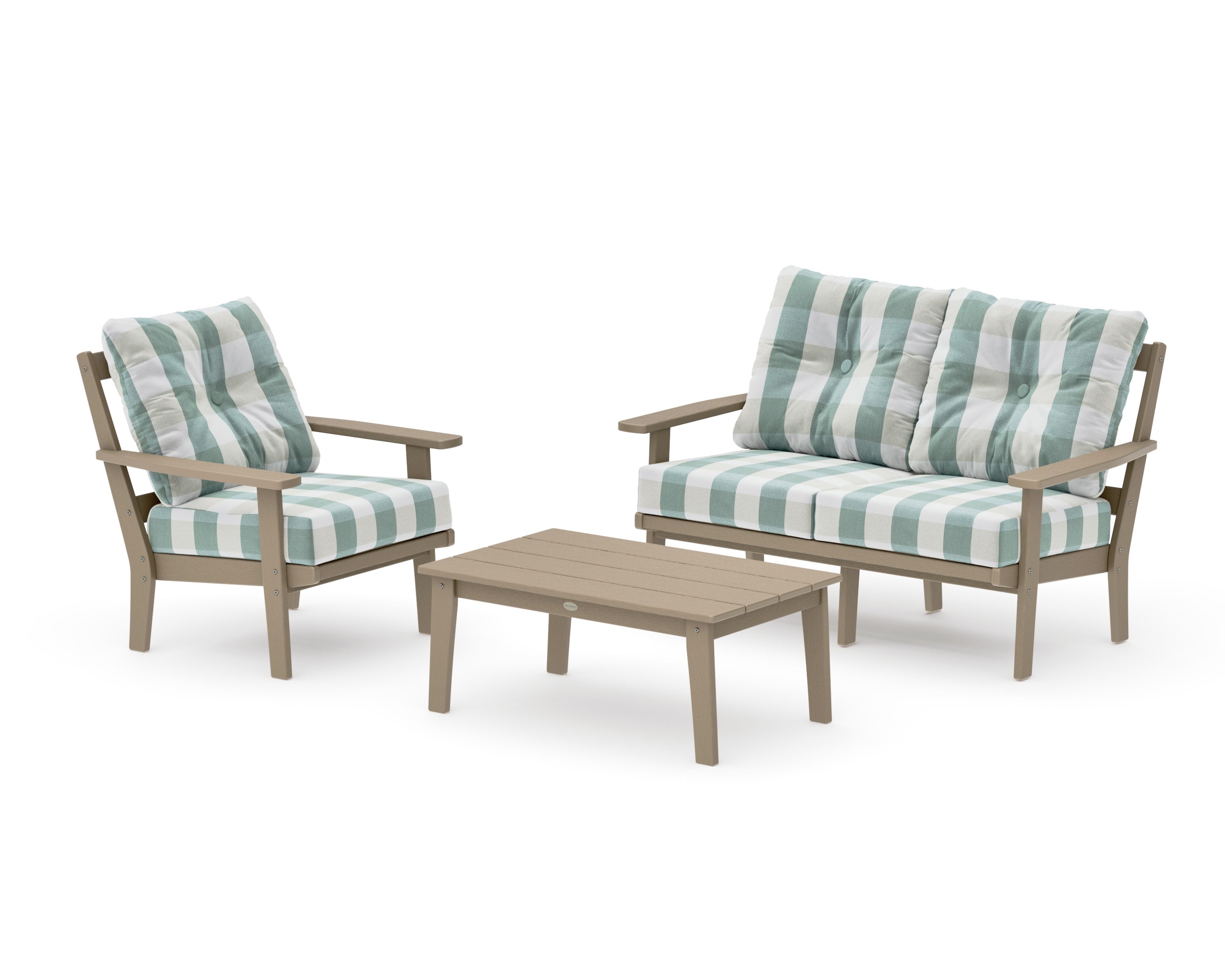 Prairie 3-Piece Deep Seating Set with Loveseat in Vintage Sahara / Buffalo Plaid Glacier Spa
