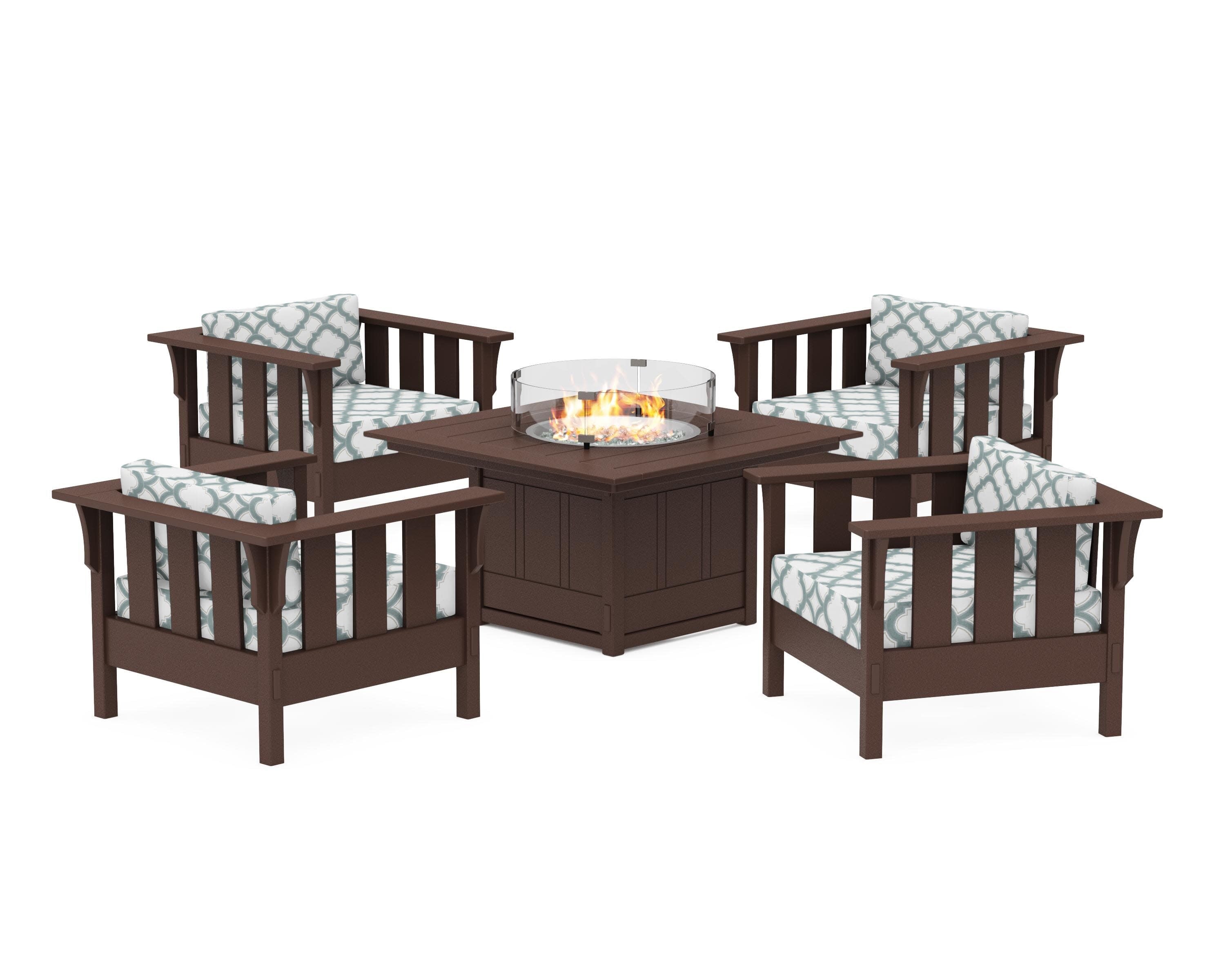 Acadia 5-Piece Deep Seating Set with Fire Pit Table in Mahogany / Trellis Glacier Spa